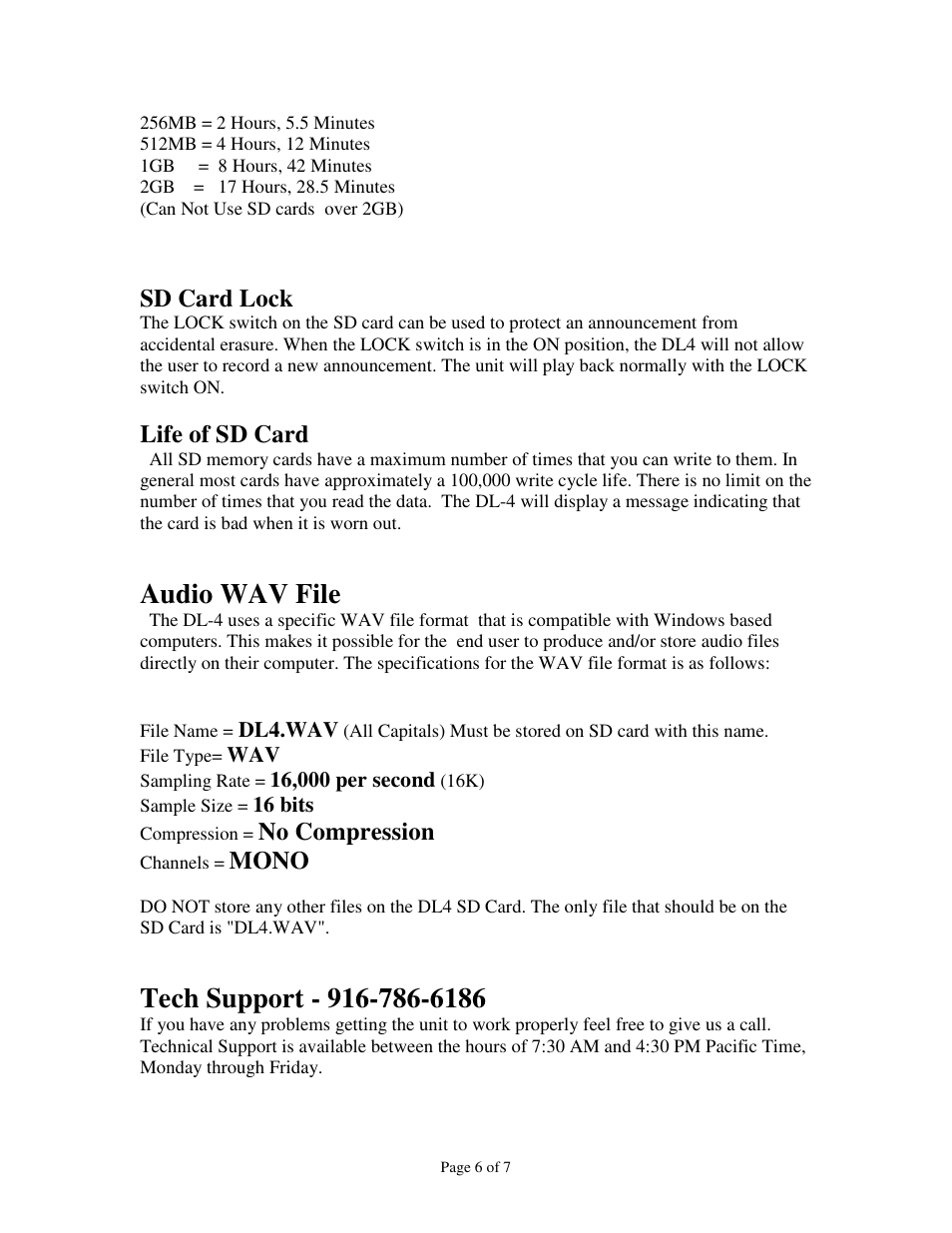 Audio wav file, Sd card lock, Life of sd card | No compression, Mono | Skutch Electronics DL-4 User Manual | Page 6 / 7