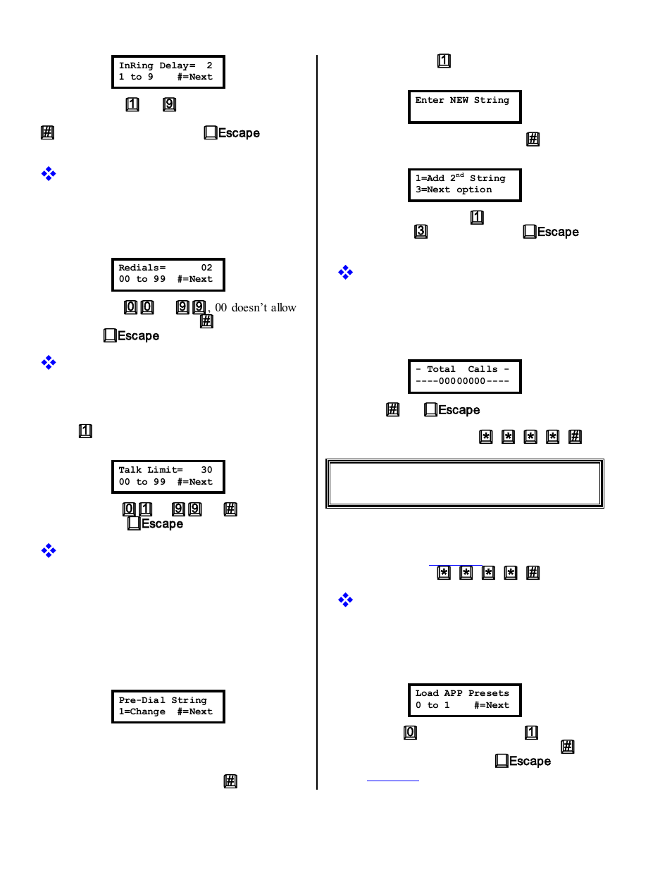 Secondary setup, Redials= 02, Talk limit= 30 | Pre-dial string, Total calls, Load app presets | Skutch Electronics BA-1000 Technical Reference Manual User Manual | Page 26 / 34