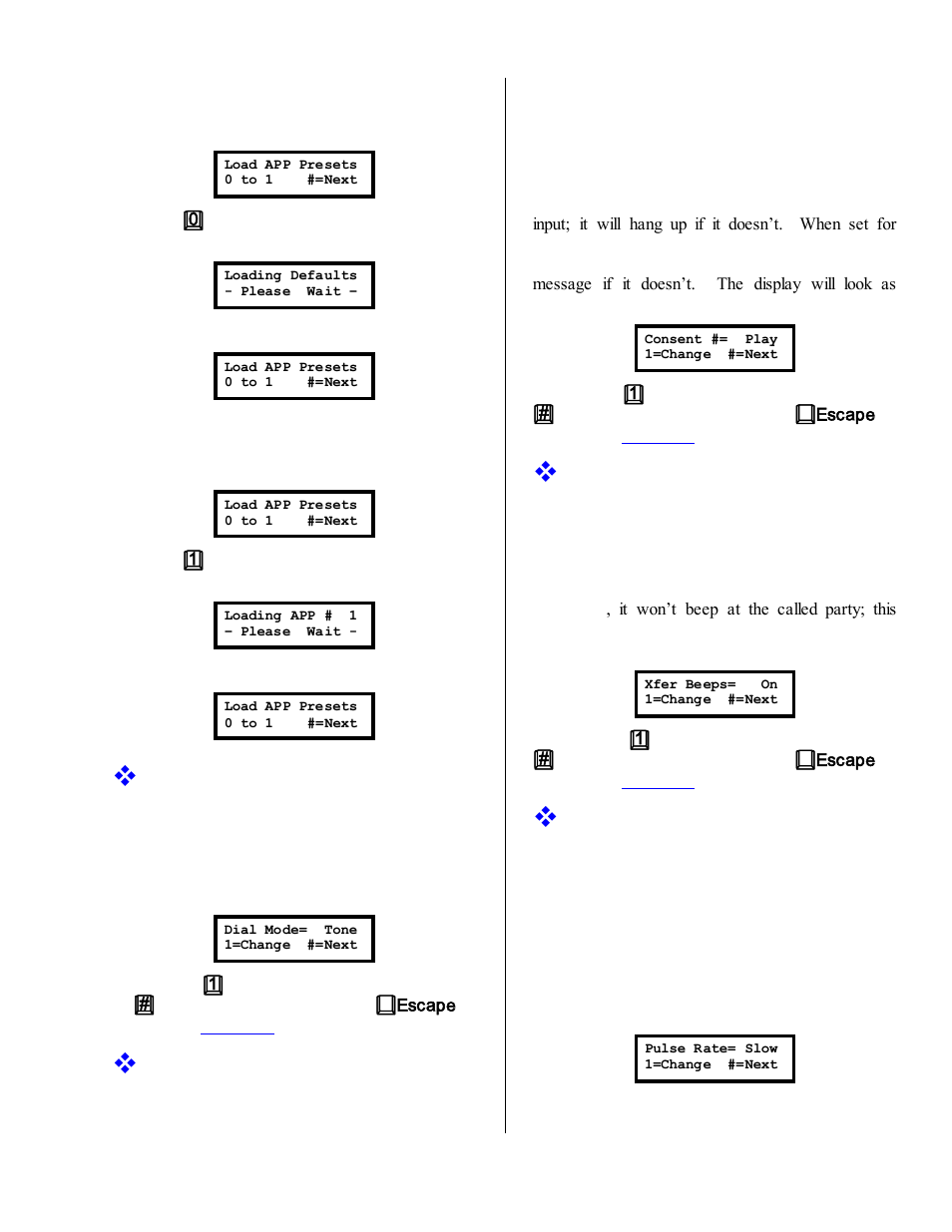 Consent mode, Dial mode= tone, Consent #= play | Xfer beeps= on, Pulse rate= slow, Factory defaults, Load application 1 | Skutch Electronics BA-1000 Technical Reference Manual User Manual | Page 27 / 34