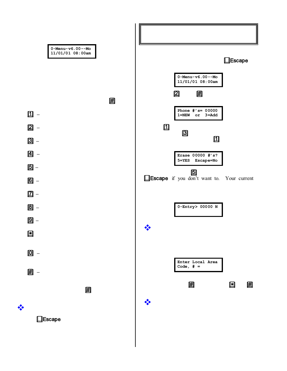 2 number entry, The escape button, Area code entry | Entering numbers | Skutch Electronics BA-1000 Technical Reference Manual User Manual | Page 8 / 34