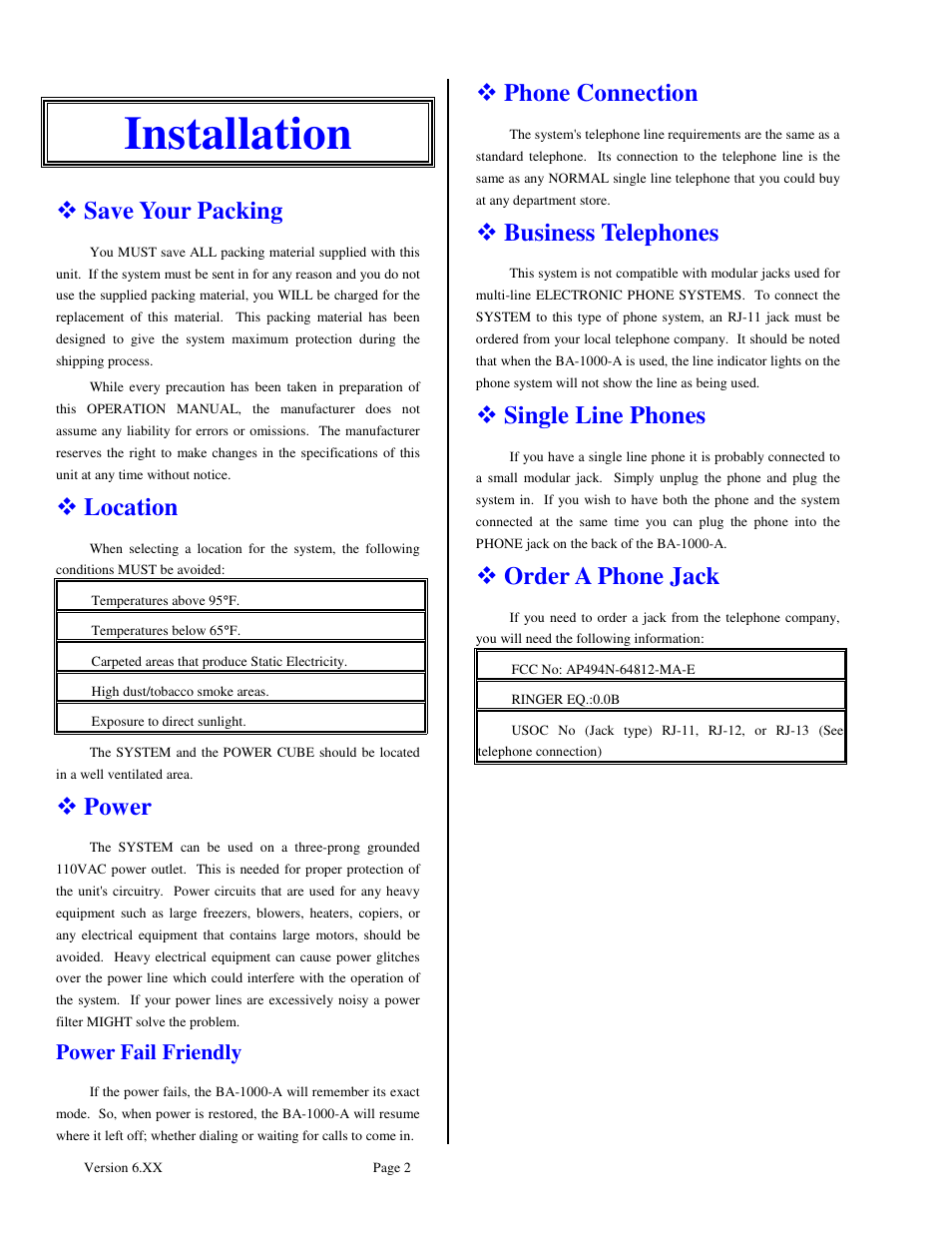 Installation, Save your packing, Location | Power, Phone connection, Business telephones, Single line phones, Order a phone jack, Power fail friendly | Skutch Electronics BA-1000-A Vbox User Manual | Page 2 / 10