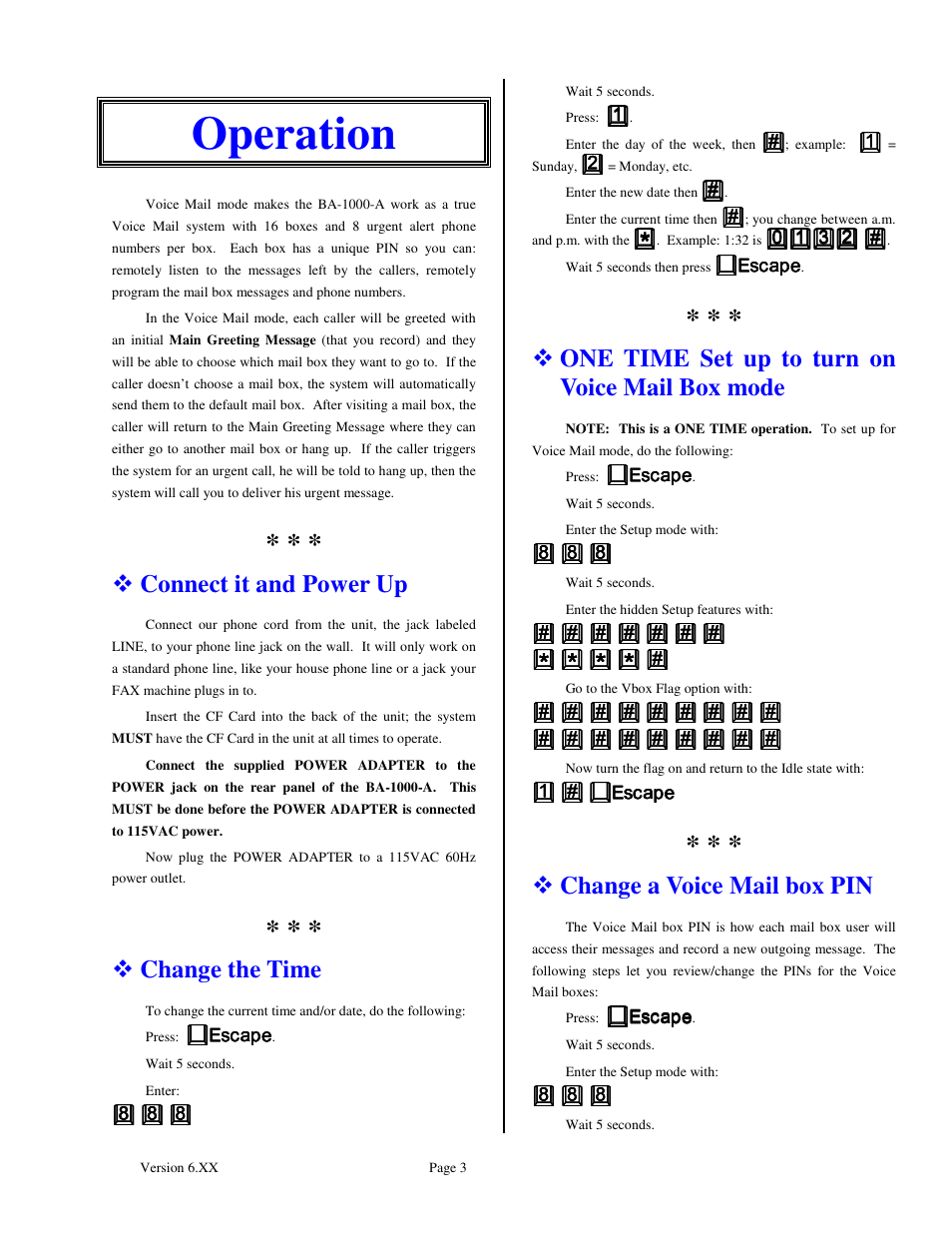 Operation, Connect it and power up, Change the time | One time set up to turn on voice mail box mode, Change a voice mail box pin | Skutch Electronics BA-1000-A Vbox User Manual | Page 3 / 10
