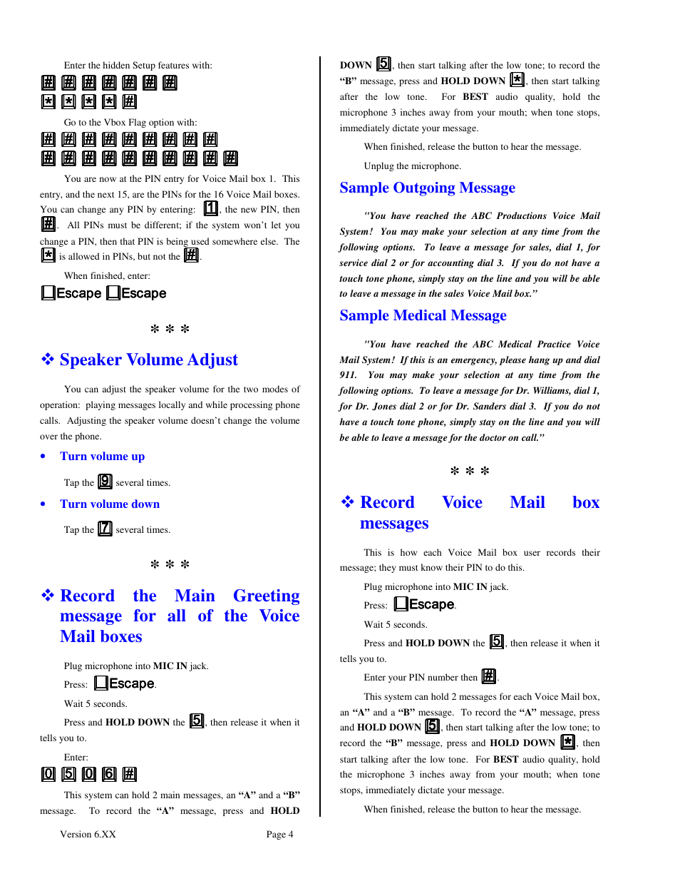 Speaker volume adjust, Record voice mail box messages, Sample outgoing message | Sample medical message | Skutch Electronics BA-1000-A Vbox User Manual | Page 4 / 10