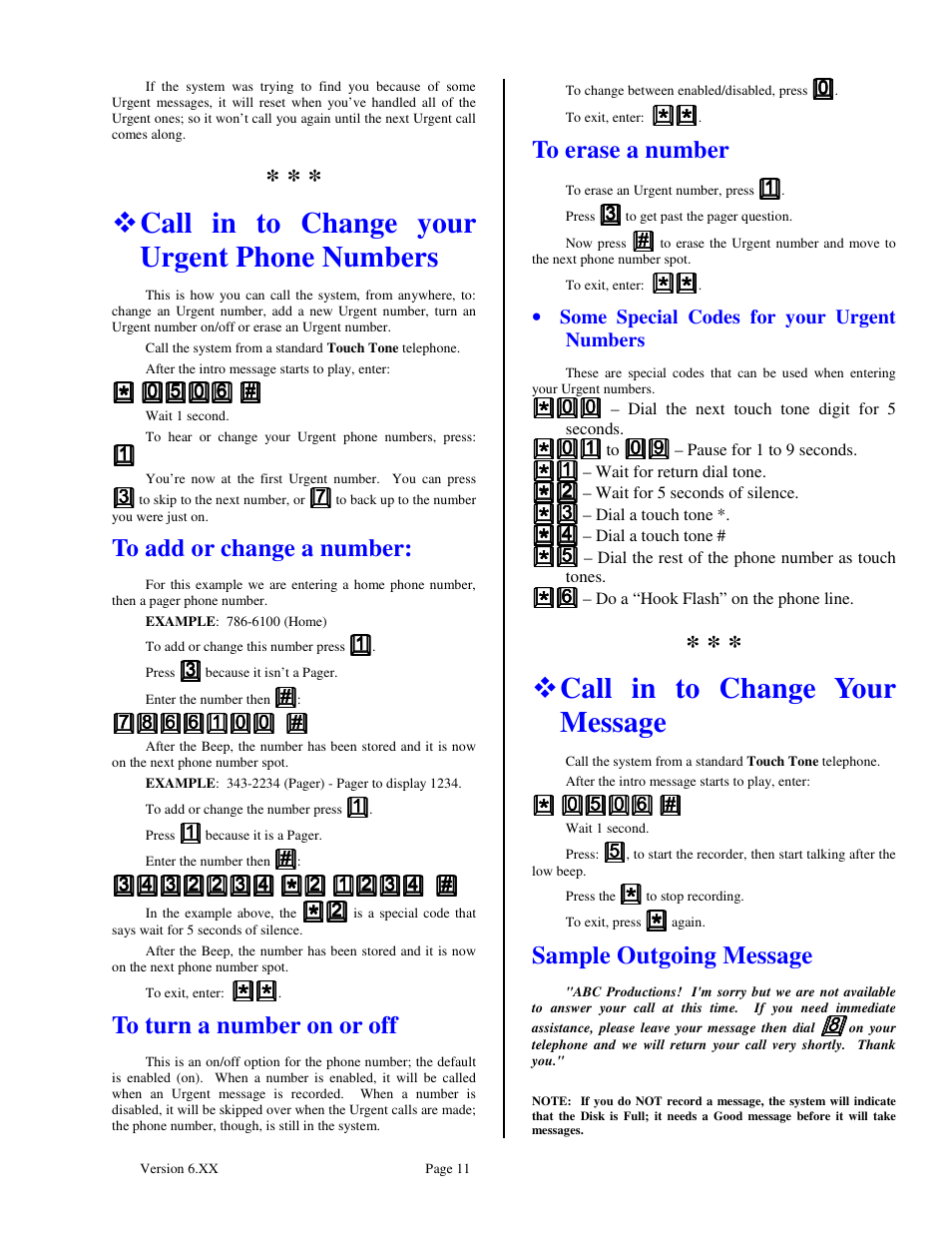 Call in to change your urgent phone numbers, Call in to change your message, Sample outgoing message | Skutch Electronics BA-1000-A Technical Reference Guide User Manual | Page 11 / 25