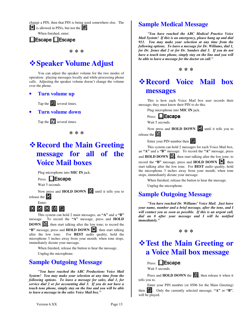 Speaker volume adjust, Record voice mail box messages, Test the main greeting or a voice mail box message | Sample outgoing message, Sample medical message | Skutch Electronics BA-1000-A Technical Reference Guide User Manual | Page 13 / 25