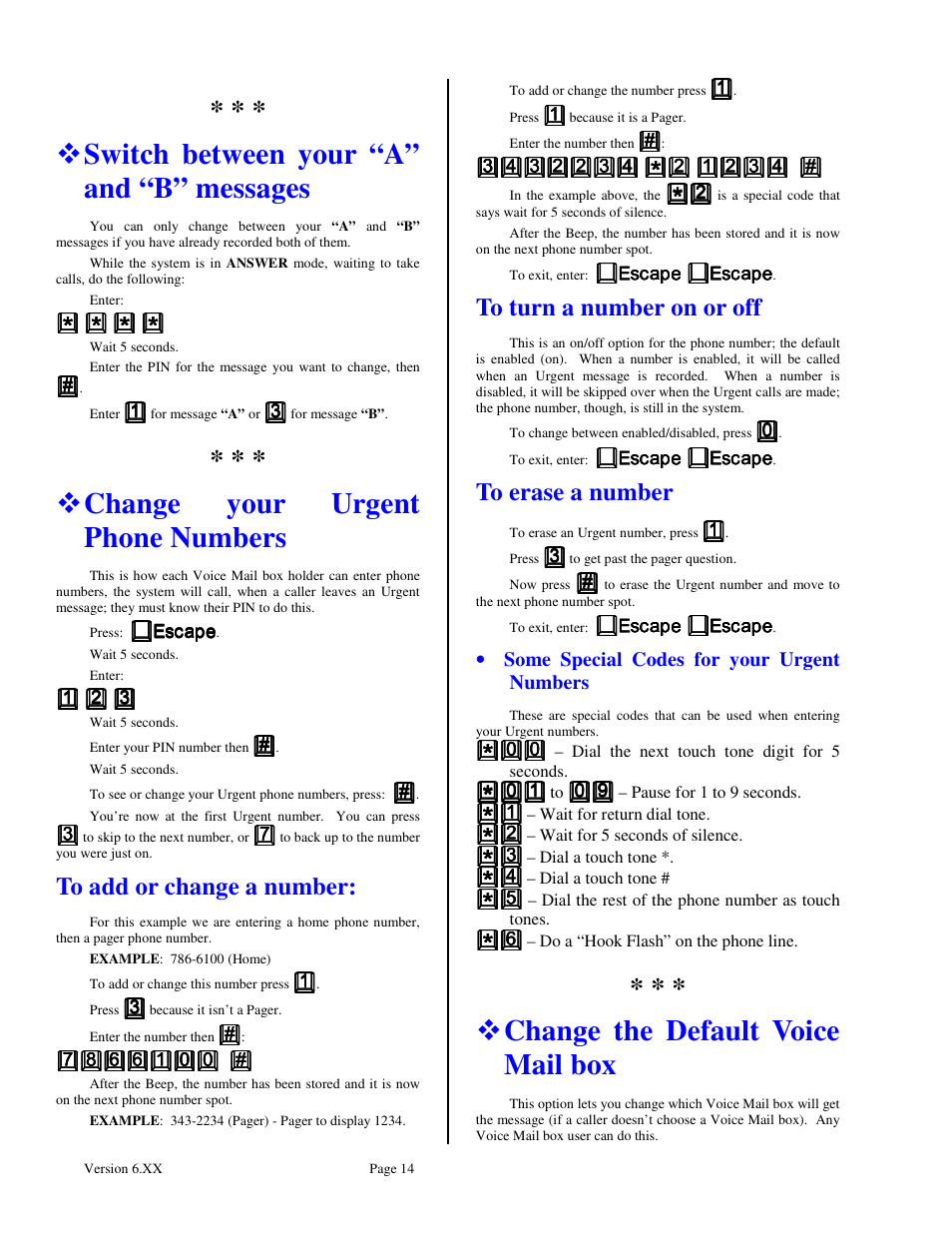Switch between your “a” and “b” messages, Change your urgent phone numbers, Change the default voice mail box | Skutch Electronics BA-1000-A Technical Reference Guide User Manual | Page 14 / 25