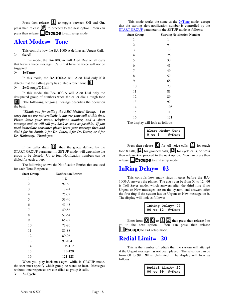 Alert modes= tone, Inring delay= 02, Redial limit= 20 | Skutch Electronics BA-1000-A Technical Reference Guide User Manual | Page 18 / 25
