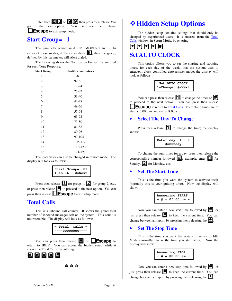 Hidden setup options, Start group= 1, Total calls | Set auto clock, Select the day to change, Set the start time, Set the stop time | Skutch Electronics BA-1000-A Technical Reference Guide User Manual | Page 19 / 25