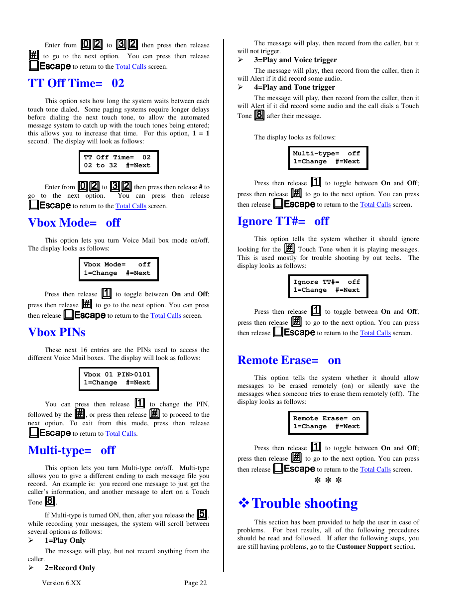 Trouble shooting, Tt off time= 02, Vbox mode= off | Vbox pins, Multi-type= off, Ignore tt#= off, Remote erase= on | Skutch Electronics BA-1000-A Technical Reference Guide User Manual | Page 22 / 25