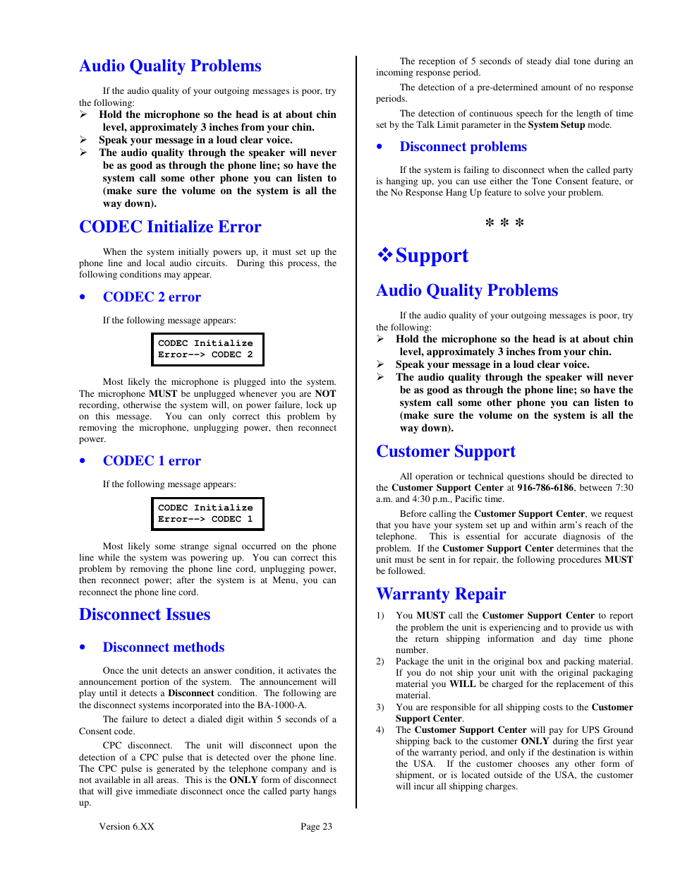 Support, Audio quality problems, Codec initialize error | Disconnect issues, Customer support, Warranty repair, Codec 2 error, Codec 1 error, Disconnect methods, Disconnect problems | Skutch Electronics BA-1000-A Technical Reference Guide User Manual | Page 23 / 25