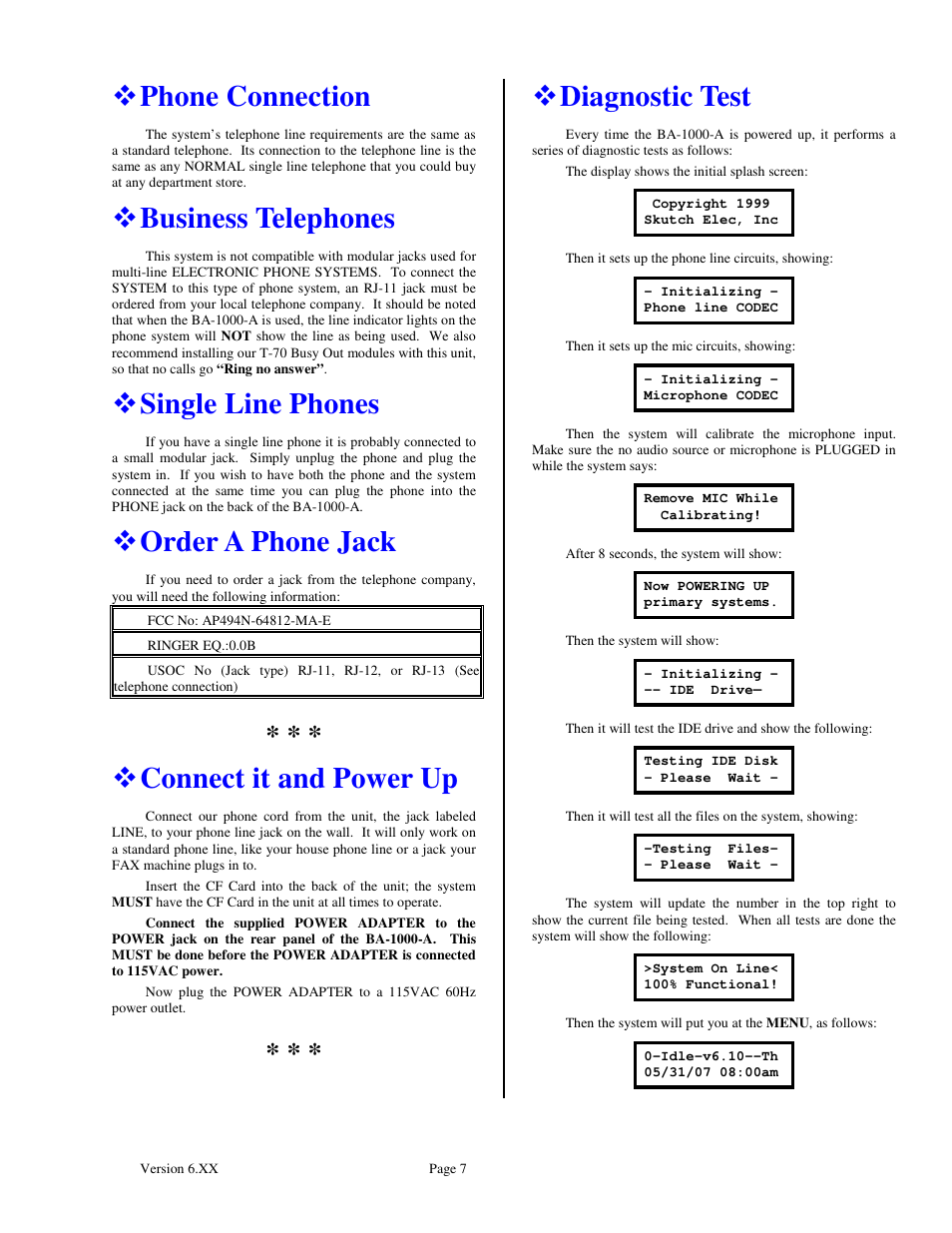 Phone connection, Business telephones, Single line phones | Order a phone jack, Connect it and power up, Diagnostic test | Skutch Electronics BA-1000-A Technical Reference Guide User Manual | Page 7 / 25