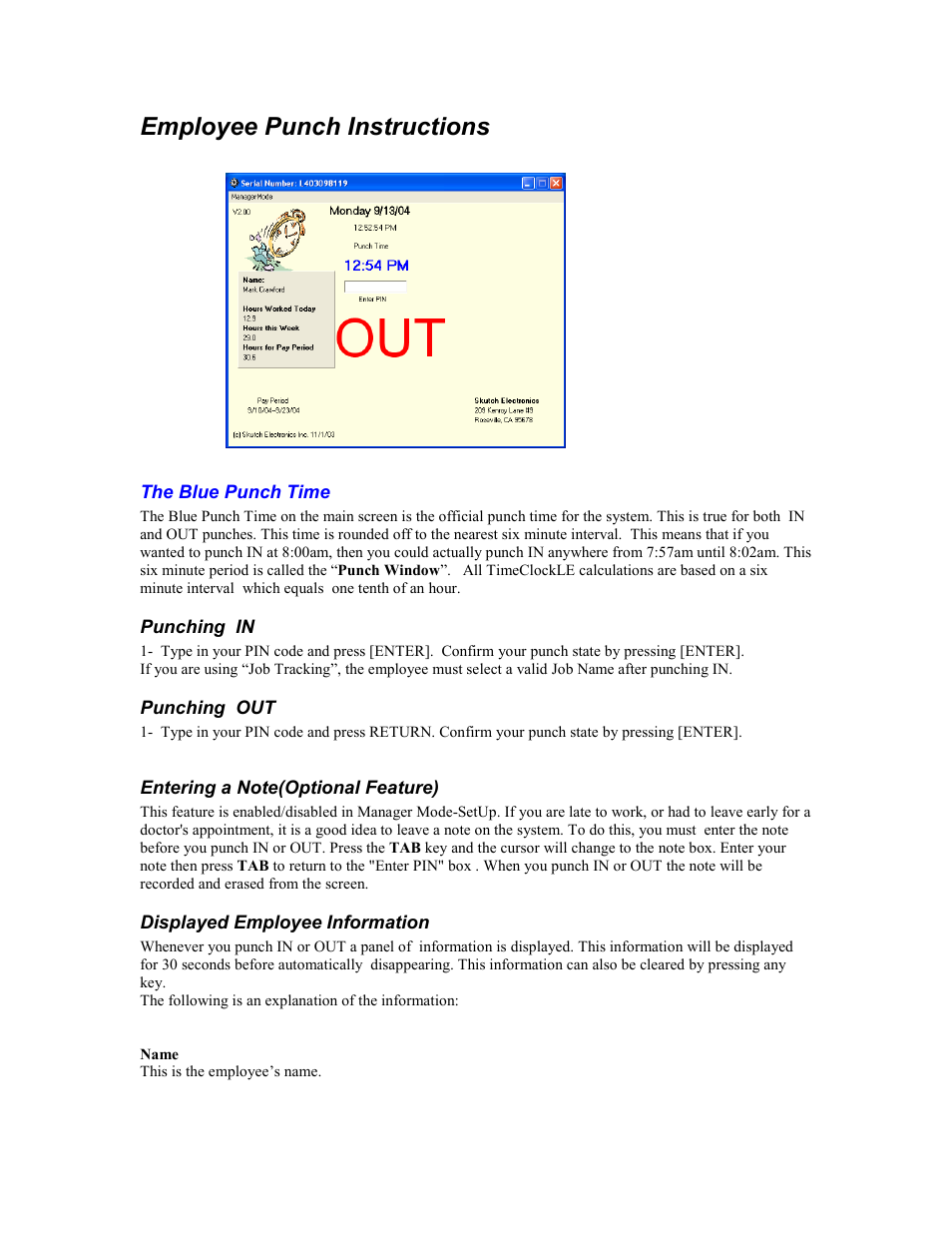Employee punch instructions | Skutch Electronics TimeClockLE User Manual | Page 17 / 19