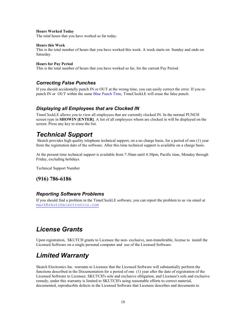 Technical support, License grants, Limited warranty | Skutch Electronics TimeClockLE User Manual | Page 18 / 19