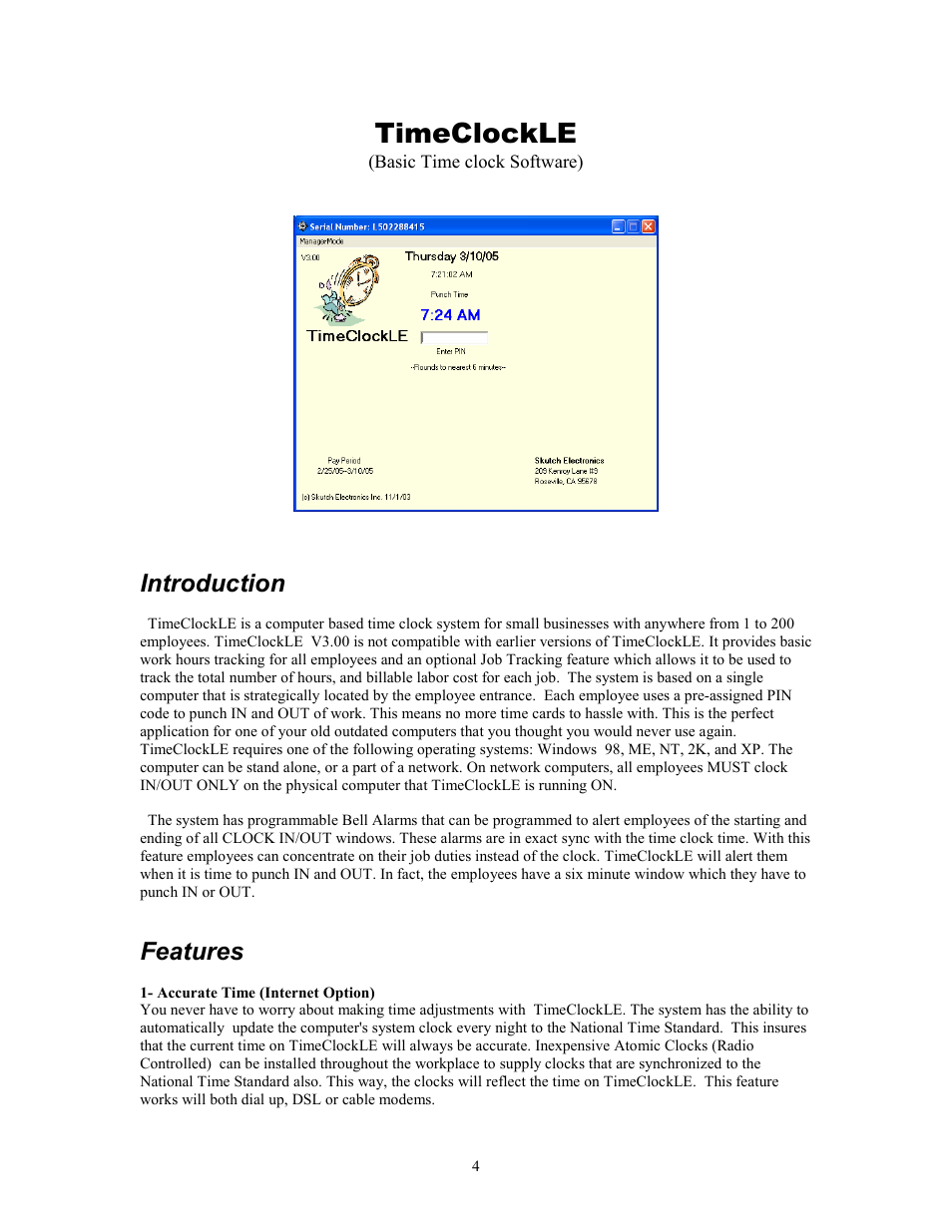 Timeclockle, Introduction, Features | Skutch Electronics TimeClockLE User Manual | Page 4 / 19