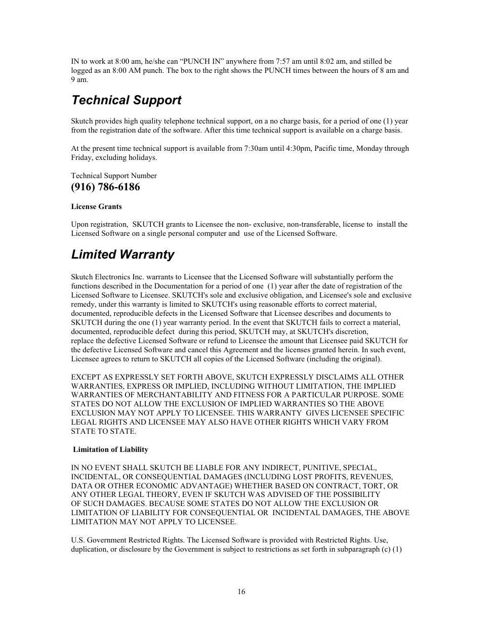 Technical support, Limited warranty | Skutch Electronics TimeClockNet 3 User Manual | Page 16 / 17