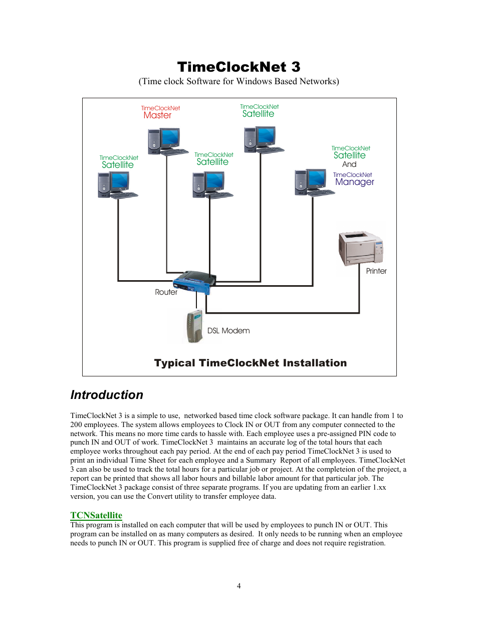 Timeclocknet 3, Introduction, Typical timeclocknet installation | Skutch Electronics TimeClockNet 3 User Manual | Page 4 / 17