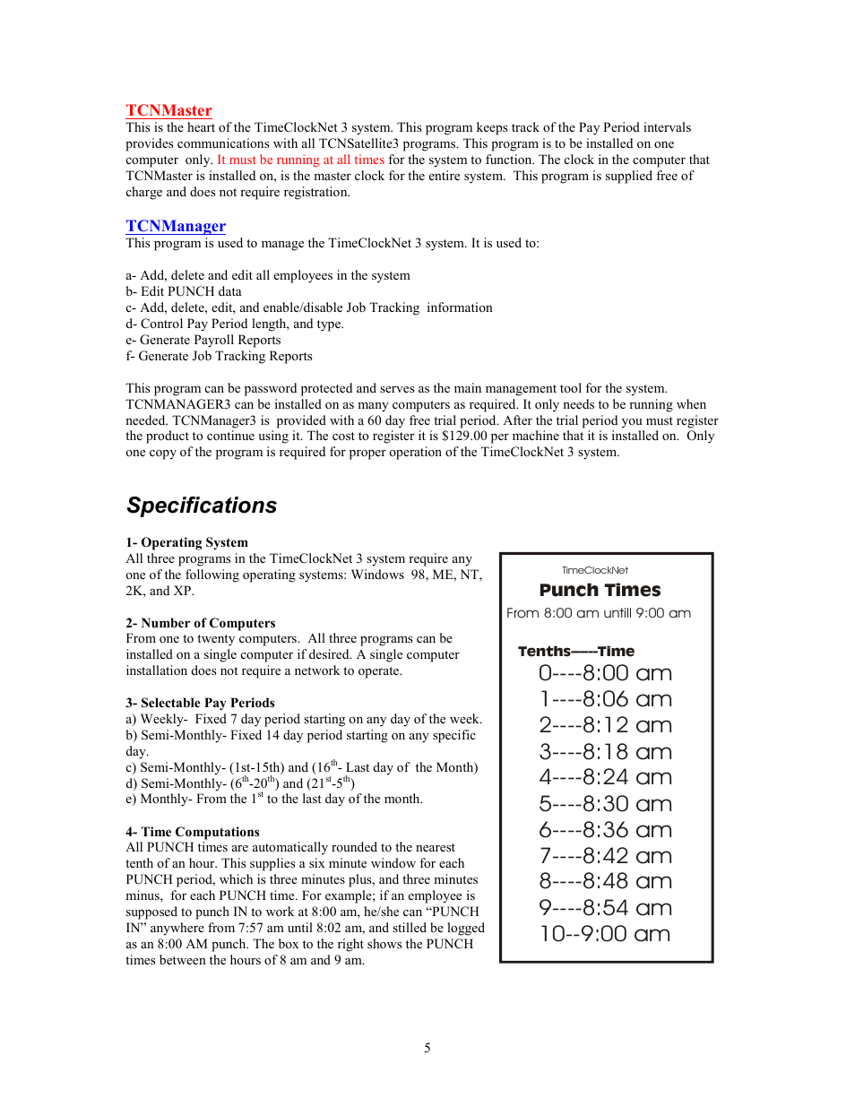 Specifications, Punch times | Skutch Electronics TimeClockNet 3 User Manual | Page 5 / 17