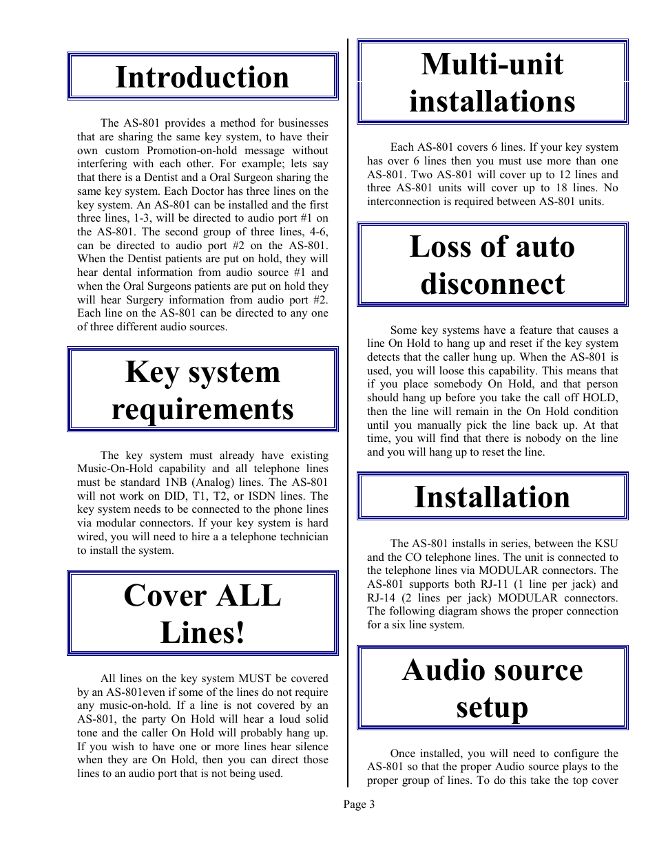 Introduction, Key system requirements, Cover all lines | Multi-unit installations, Loss of auto disconnect, Installation, Audio source setup | Skutch Electronics AS-801 User Manual | Page 3 / 6