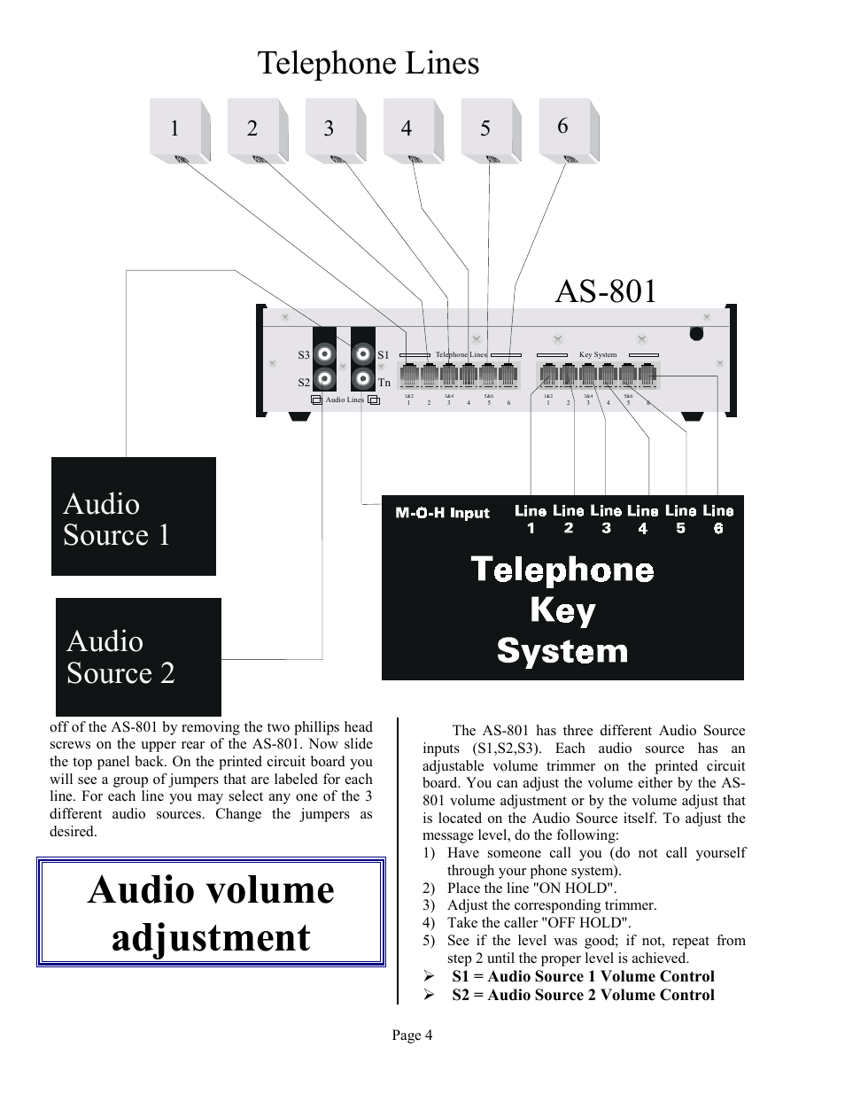 Audio volume adjustment, Tn" reference tone, Telephone lines | As-801, Audio source 1 audio source 2 | Skutch Electronics AS-801 User Manual | Page 4 / 6