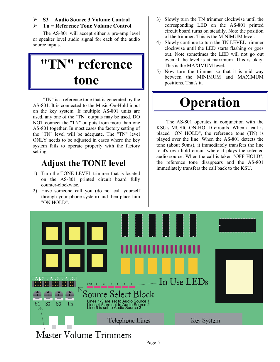 Tn" reference tone, Adjust the tone level, Operation | Operation tech support - 916-786-6186 | Skutch Electronics AS-801 User Manual | Page 5 / 6