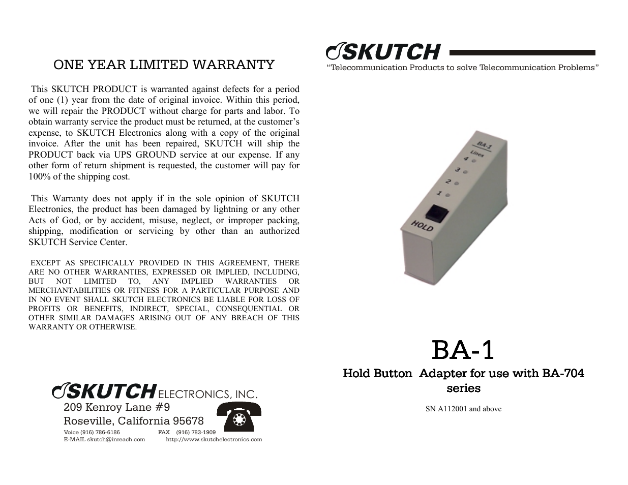 Skutch Electronics BA-1 User Manual | 2 pages