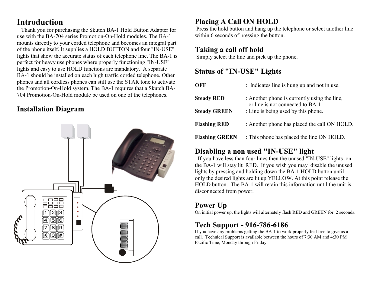 Introduction, Installation diagram placing a call on hold, Taking a call off hold | Status of "in-use" lights, Disabling a non used "in-use" light, Power up, Simply select the line and pick up the phone | Skutch Electronics BA-1 User Manual | Page 2 / 2