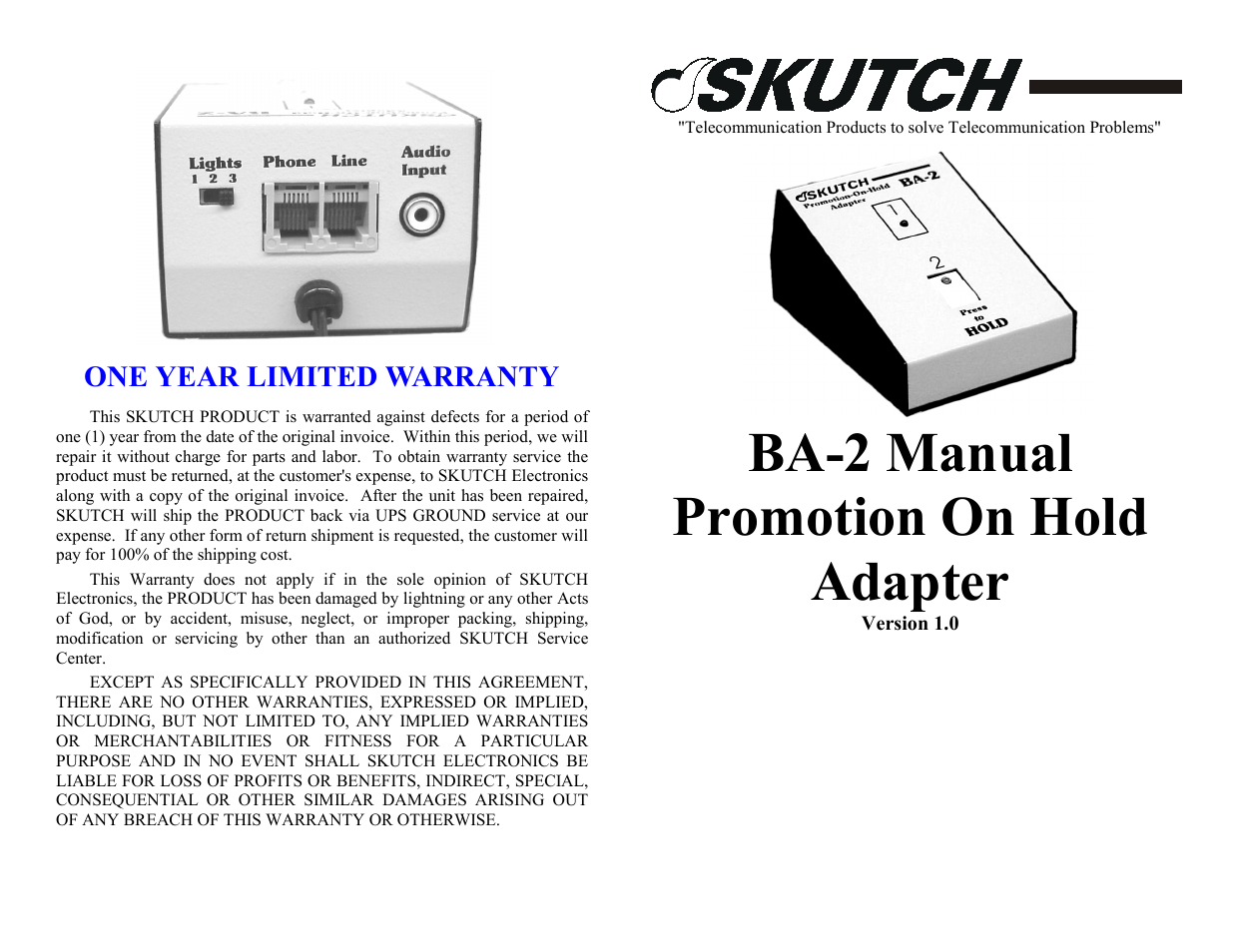 One year limited warranty, Ba-2 manual promotion on hold adapter | Skutch Electronics BA-2 User Manual | Page 2 / 2