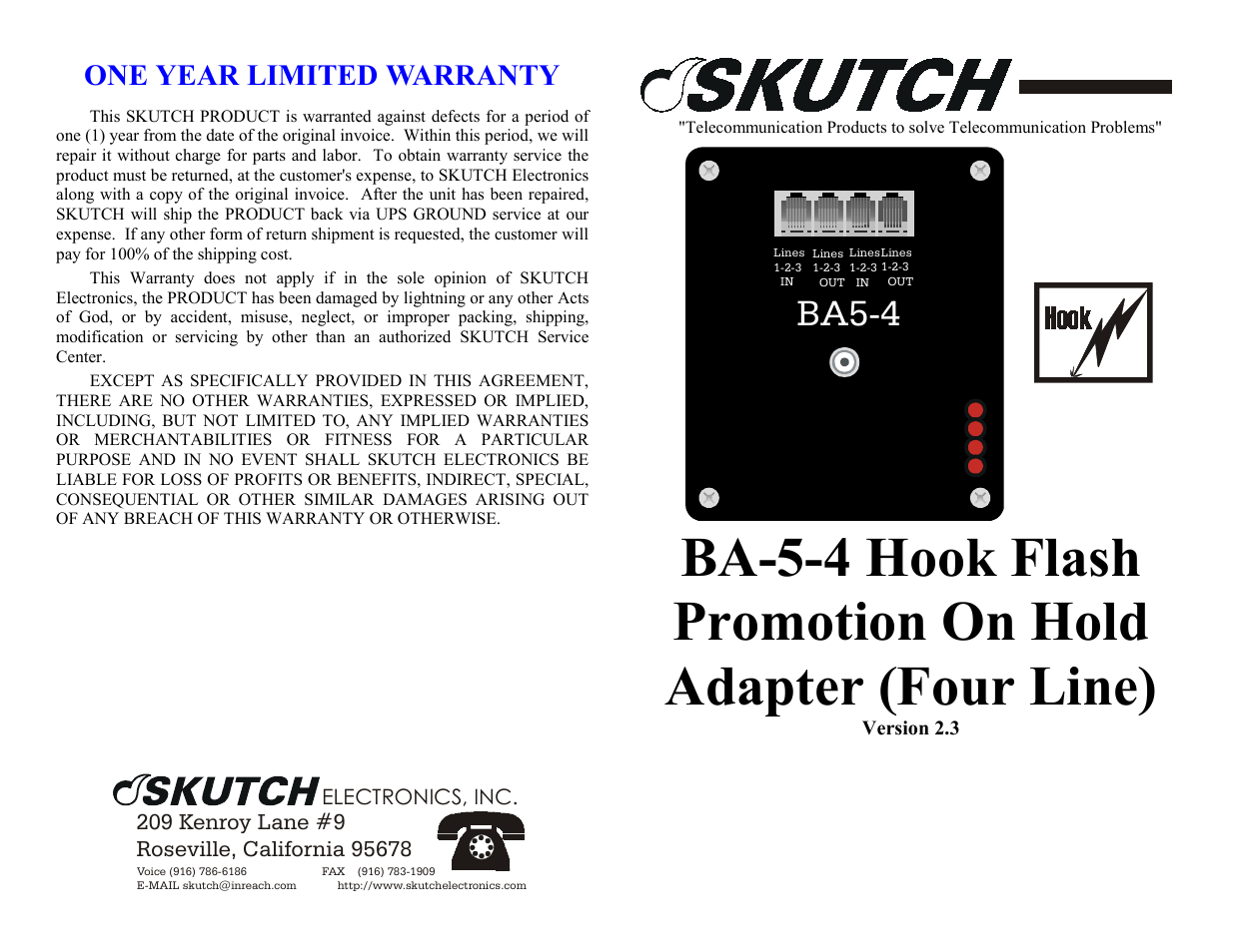 One year limited warranty, Ba5-4 | Skutch Electronics BA-5-4 User Manual | Page 2 / 2