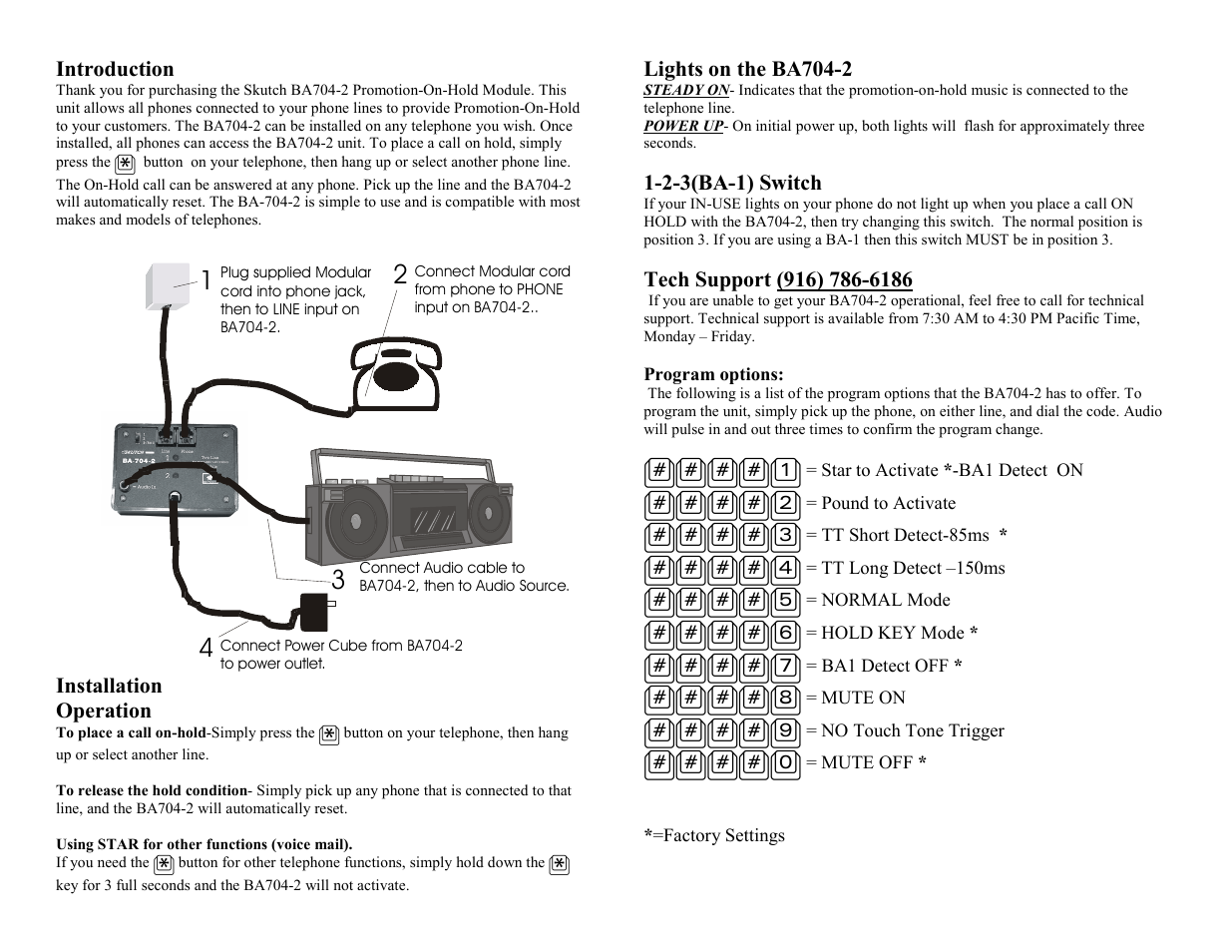 Introduction, Installation, Operation | Lights on the ba704-2, 2-3(ba-1) switch, Tech support (916) 786-6186, Installation operation | Skutch Electronics BA-704-2 V1.02 User Manual | Page 2 / 2