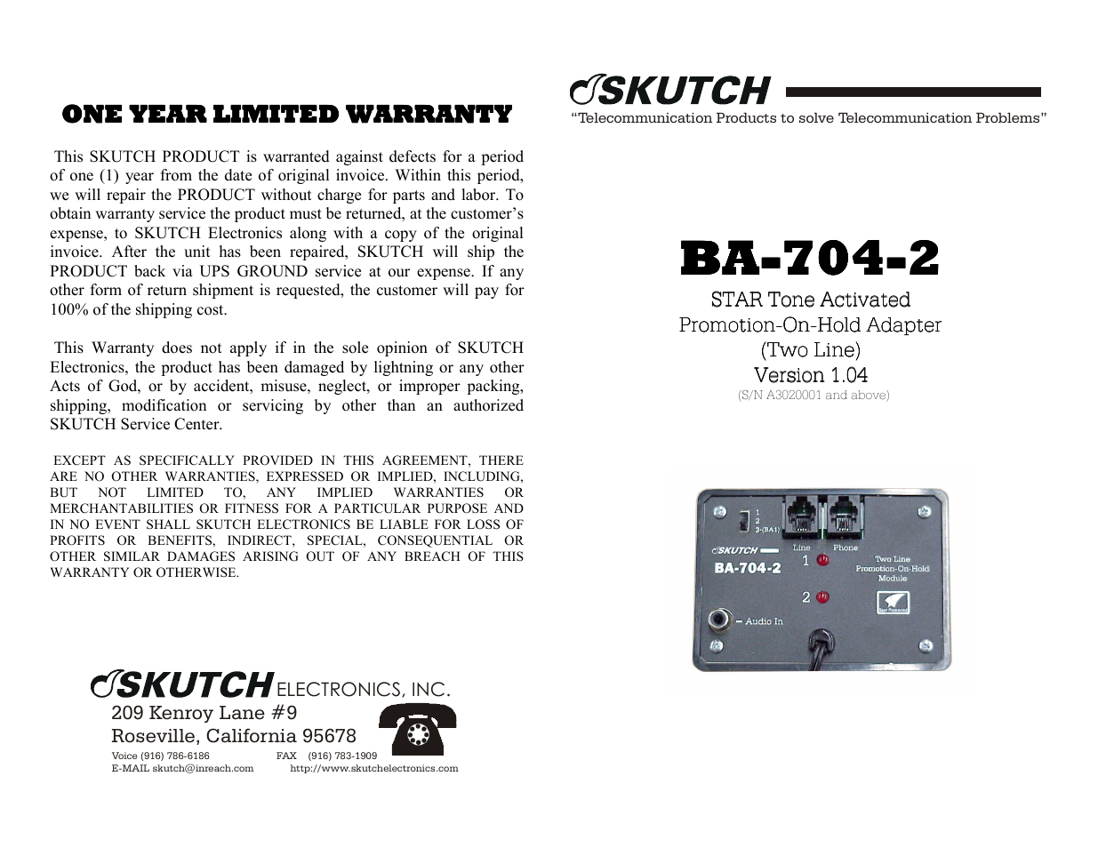 Skutch Electronics BA-704-2 V1.04 User Manual | 2 pages