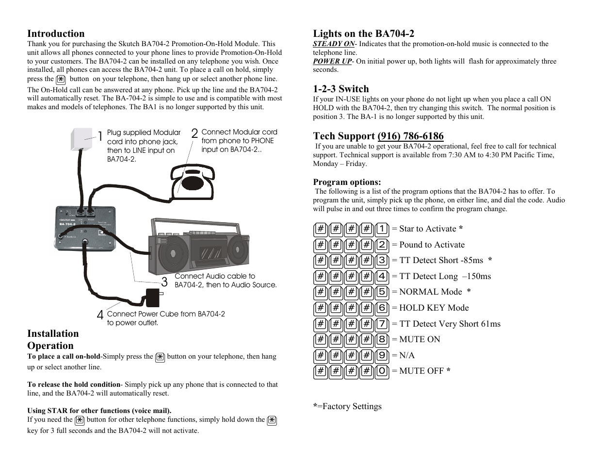 Introduction, Installation, Operation | Lights on the ba704-2, 2-3 switch, Tech support (916) 786-6186, Installation operation | Skutch Electronics BA-704-2 V1.04 User Manual | Page 2 / 2