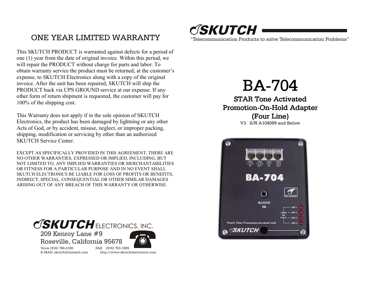 Skutch Electronics BA-704 V3.00 User Manual | 2 pages