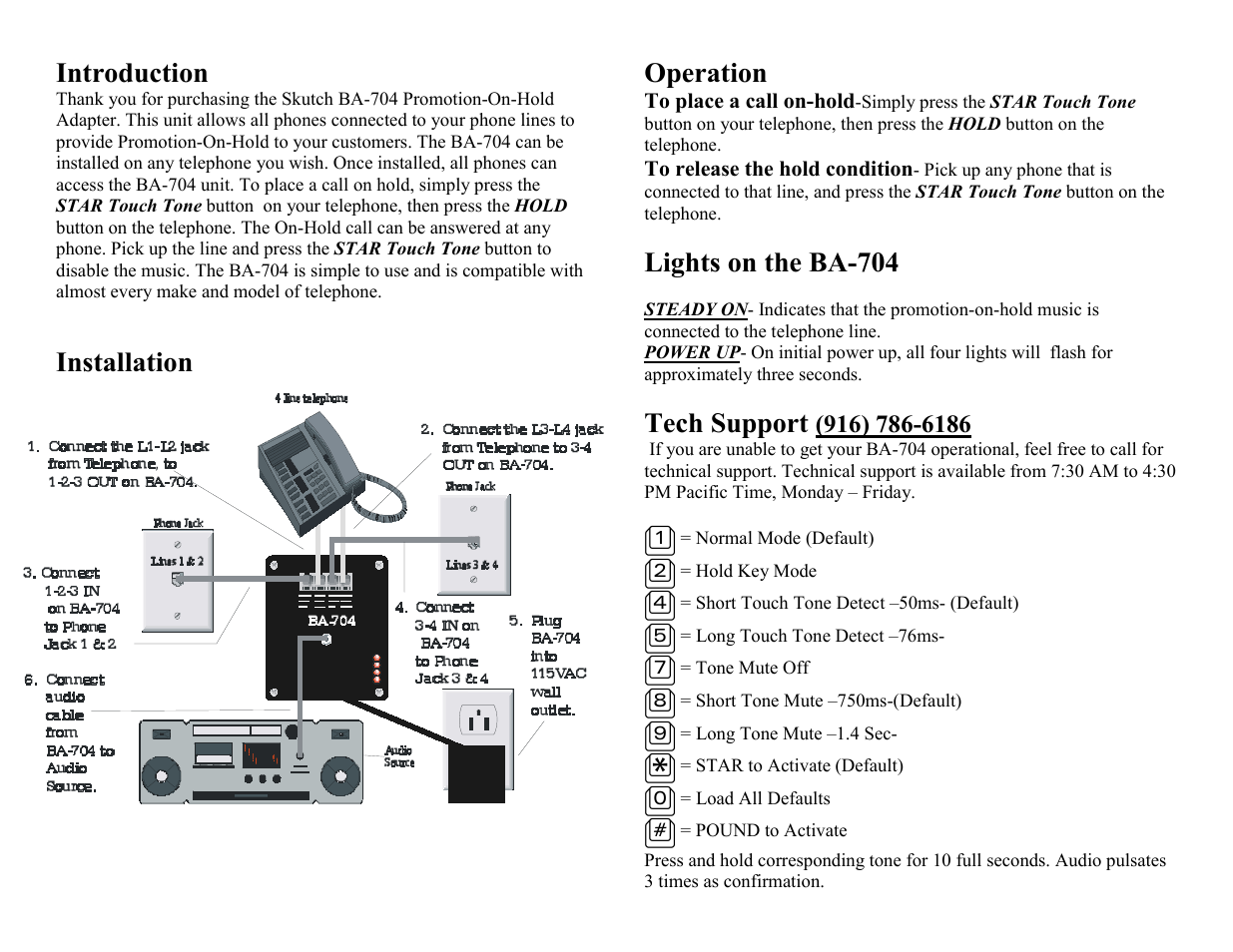 Introduction, Installation, Operation | Lights on the ba-704, Tech support (916) 786-6186, Installation operation, Tech support | Skutch Electronics BA-704 V3.00 User Manual | Page 2 / 2