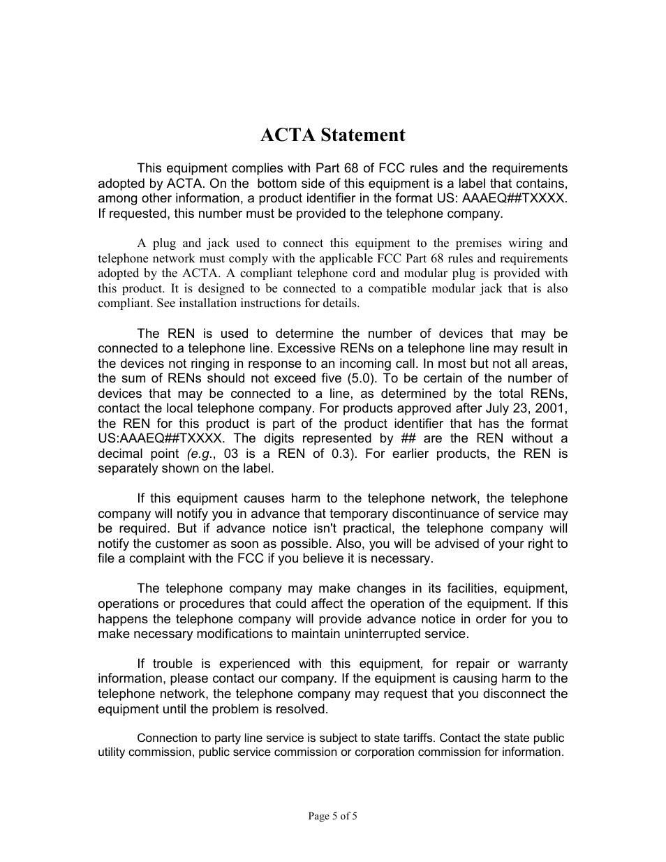 Acta statement | Skutch Electronics CK-1A User Manual | Page 5 / 5