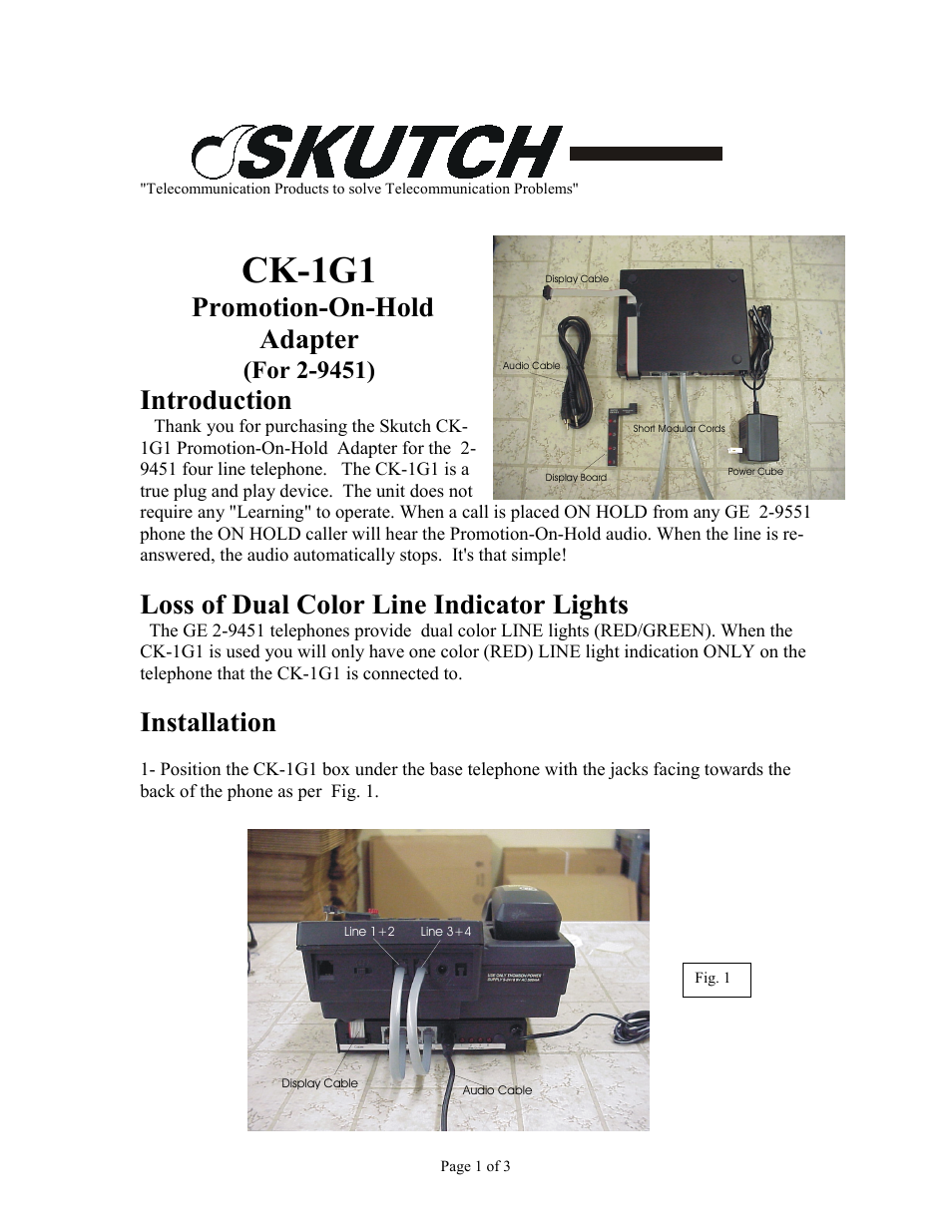 Skutch Electronics CK-1G1 User Manual | 3 pages