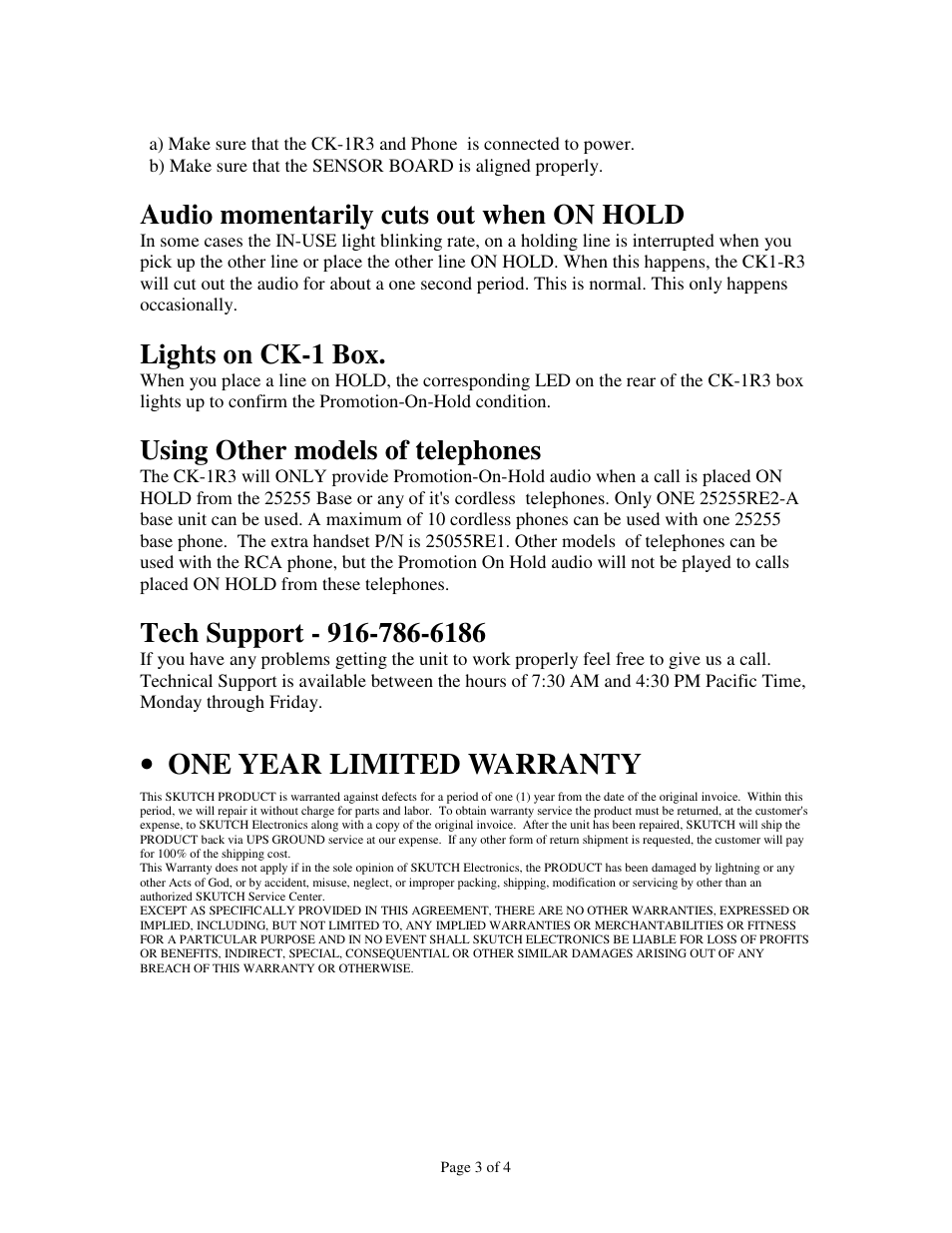 One year limited warranty, Audio momentarily cuts out when on hold, Lights on ck-1 box | Using other models of telephones | Skutch Electronics CK-1R3 User Manual | Page 3 / 4