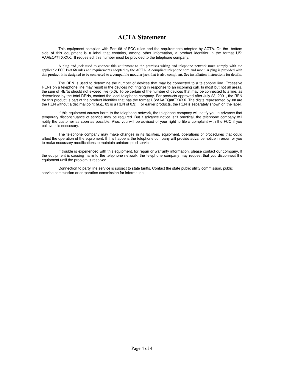 Acta statement | Skutch Electronics CK-1R3 User Manual | Page 4 / 4