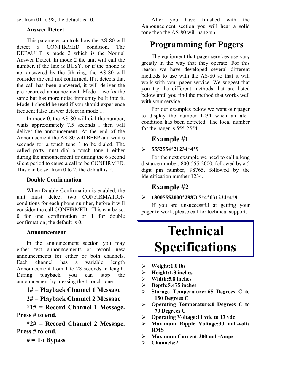 Answer detect, Double confirmation, Announcement | Example #1, Example #2, Technical specifications, Programming for pagers | Skutch Electronics AS-80 User Manual | Page 10 / 13
