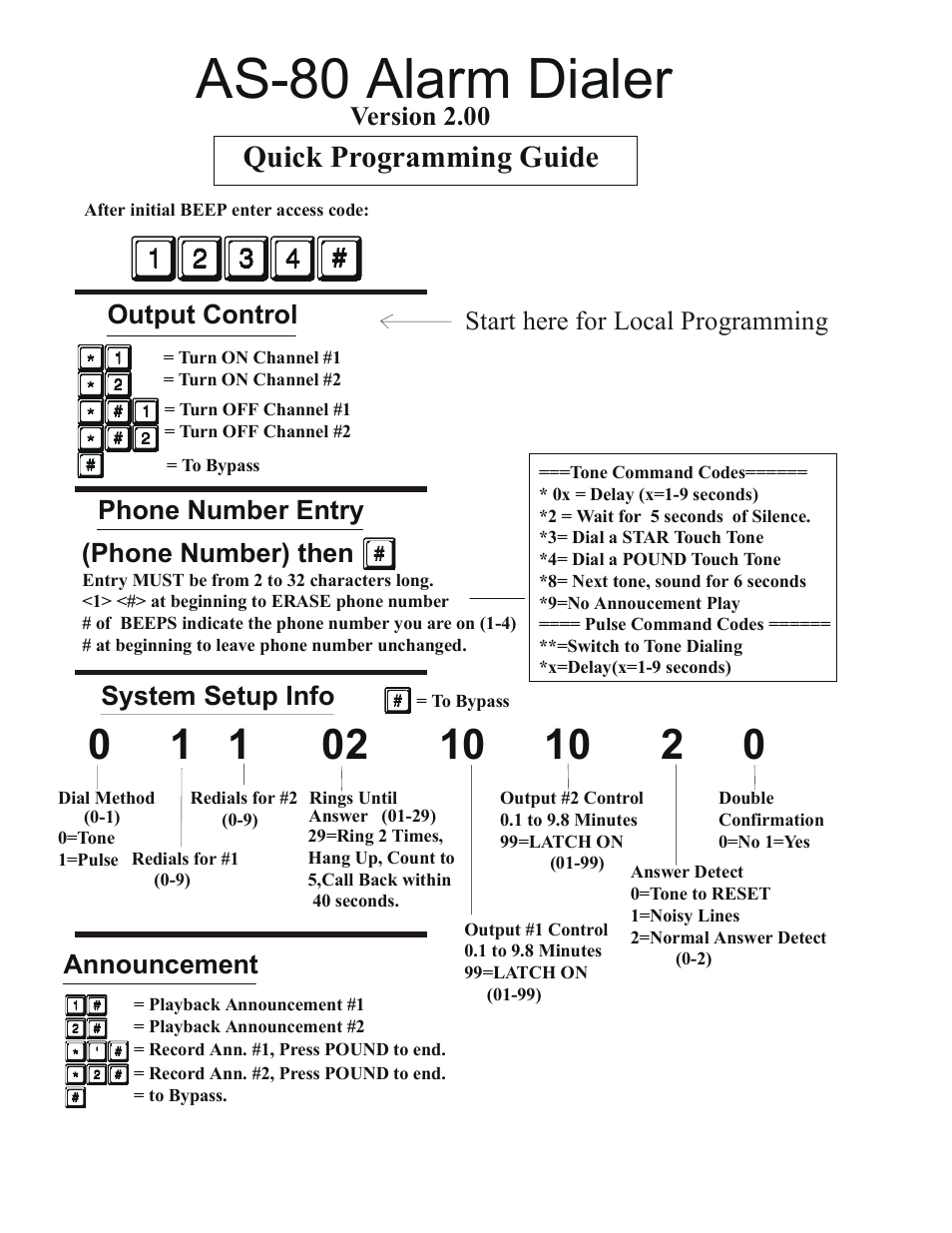 As-80 alarm dialer, Quick programming guide, Version 2.00 | Phone number entry (phone number) then, Output control system setup info, Announcement, Start here for local programming | Skutch Electronics AS-80 User Manual | Page 12 / 13