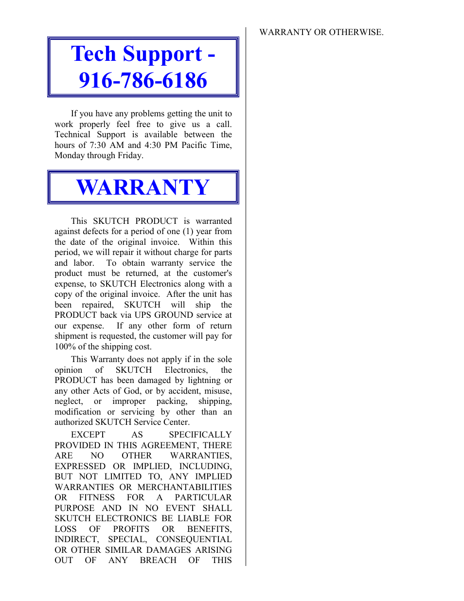 Tech support - 916-786-6186, Warranty | Skutch Electronics AS-80 User Manual | Page 13 / 13