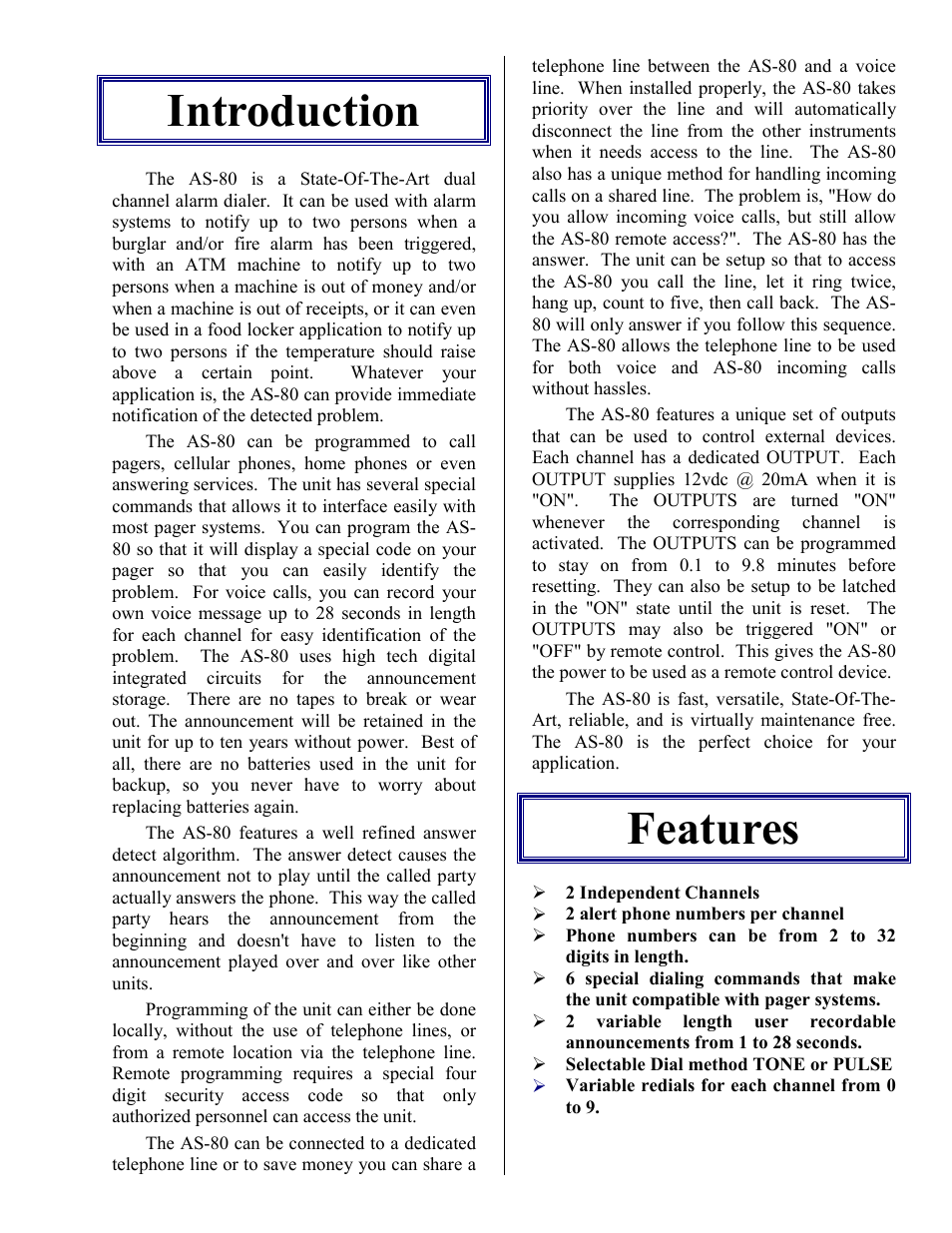 Introduction, Features, Features installation | Skutch Electronics AS-80 User Manual | Page 3 / 13