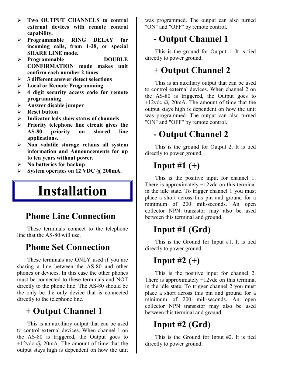 Installation, Phone line connection, Phone set connection | Output channel 1, Output channel 2, Input #1 (+), Input #1 (grd), Input #2 (+), Input #2 (grd), 12 vdc power | Skutch Electronics AS-80 User Manual | Page 4 / 13