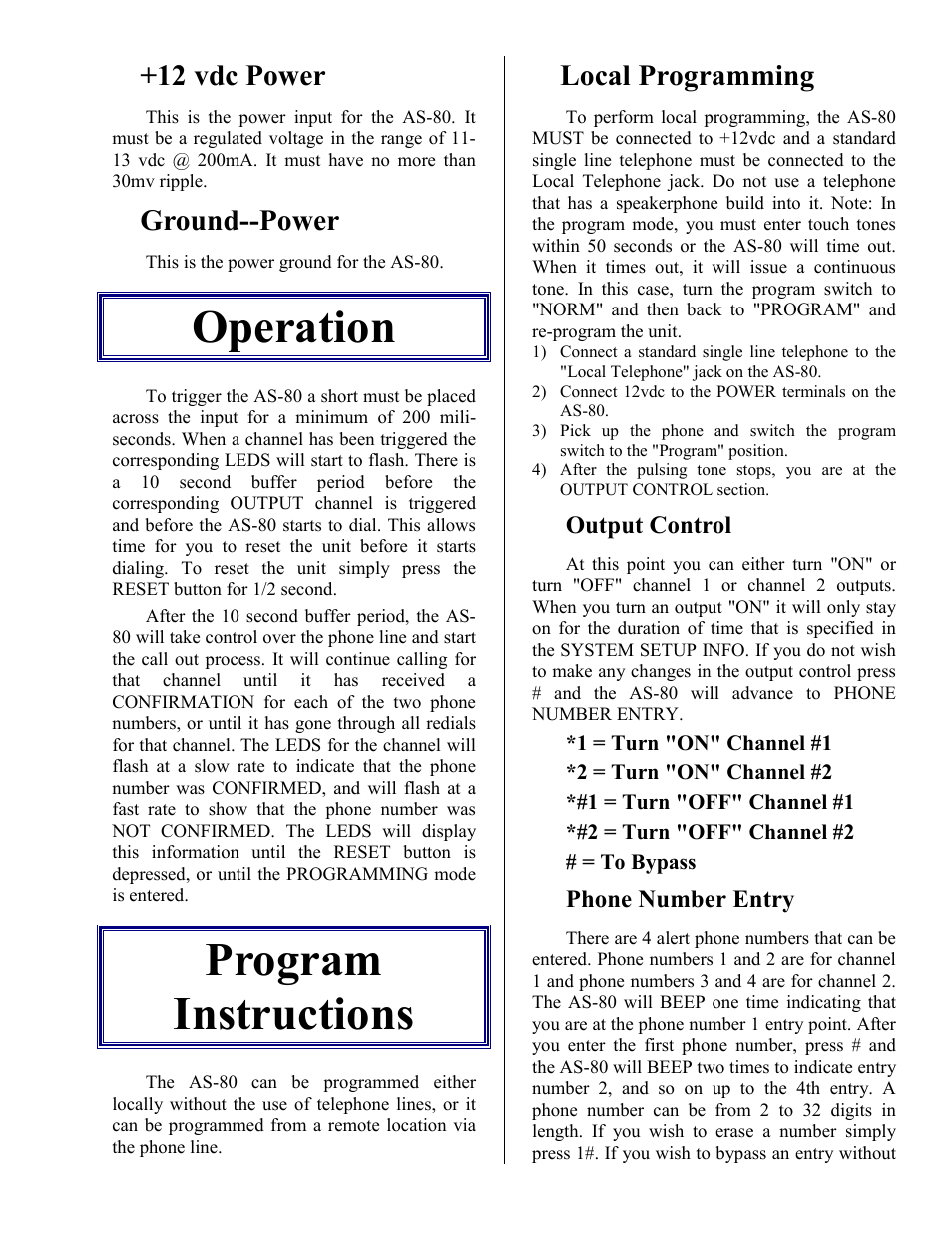 12 vdc power, Ground--power, Operation | Program instructions, Local programming, Output control, Phone number entry, Operation program instructions, Special codes for tone dialing | Skutch Electronics AS-80 User Manual | Page 5 / 13