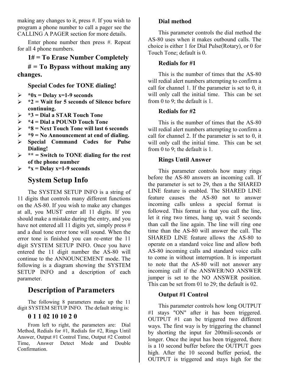 Special codes for tone dialing, System setup info, Description of parameters | Dial method, Redials for #1, Redials for #2, Rings until answer, Output #1 control, Output #2 control | Skutch Electronics AS-80 User Manual | Page 6 / 13