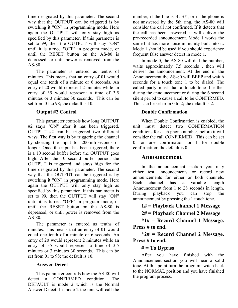 Output #2 control, Answer detect, Double confirmation | Announcement, Remote programming | Skutch Electronics AS-80 User Manual | Page 7 / 13