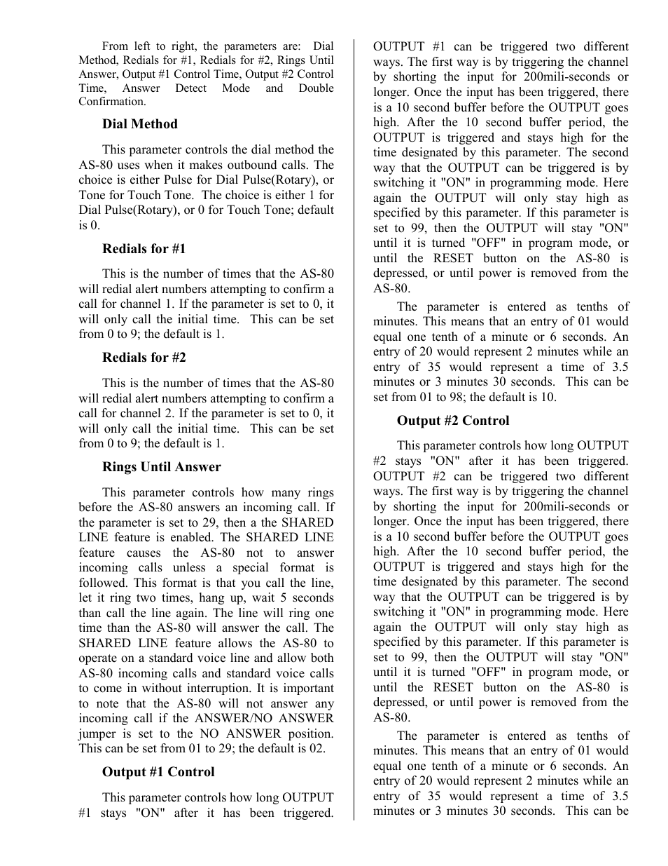 Dial method, Redials for #1, Redials for #2 | Rings until answer, Output #1 control, Output #2 control, Answer detect | Skutch Electronics AS-80 User Manual | Page 9 / 13