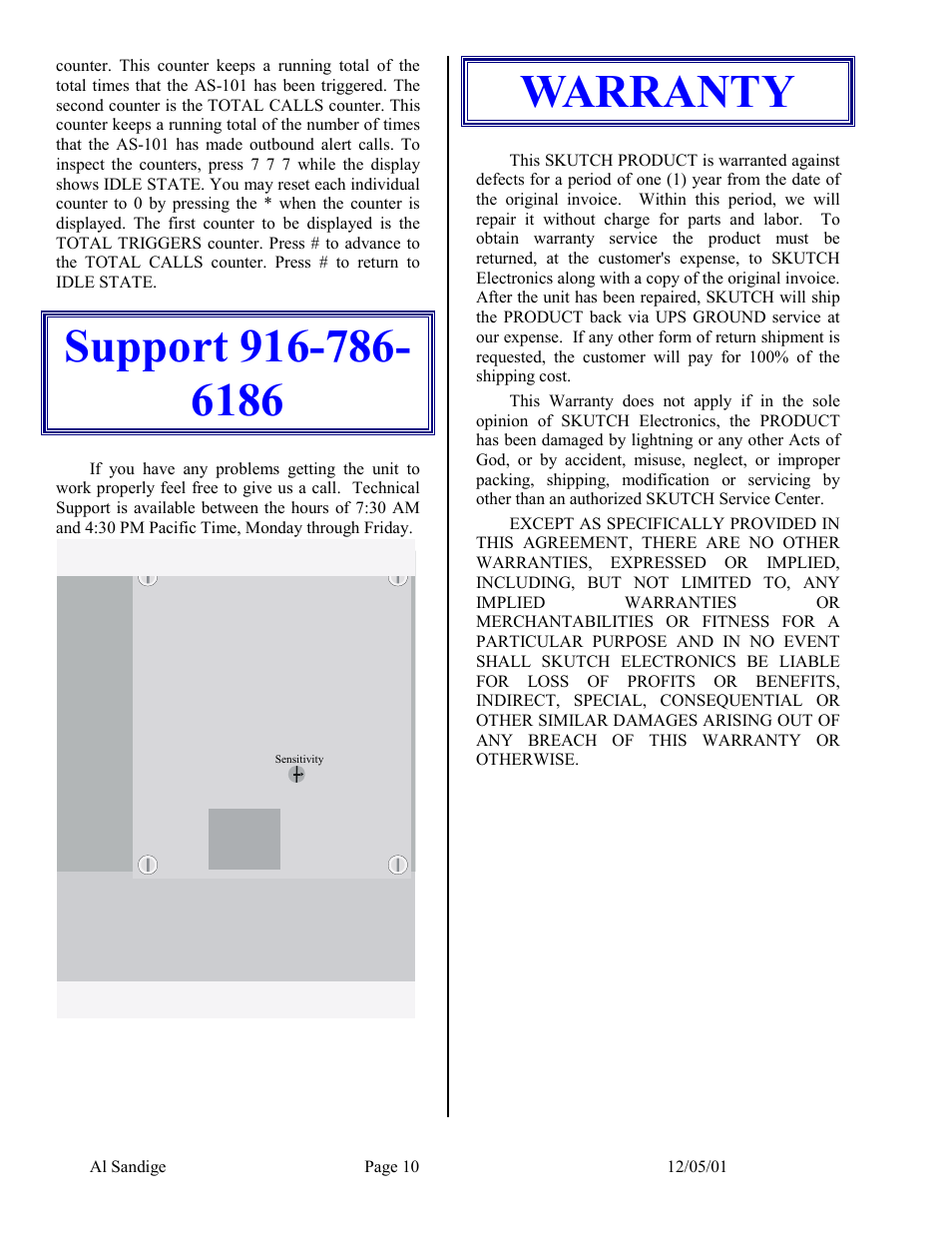 Support 916-786-6186, Warranty | Skutch Electronics AS-101 User Manual | Page 10 / 10