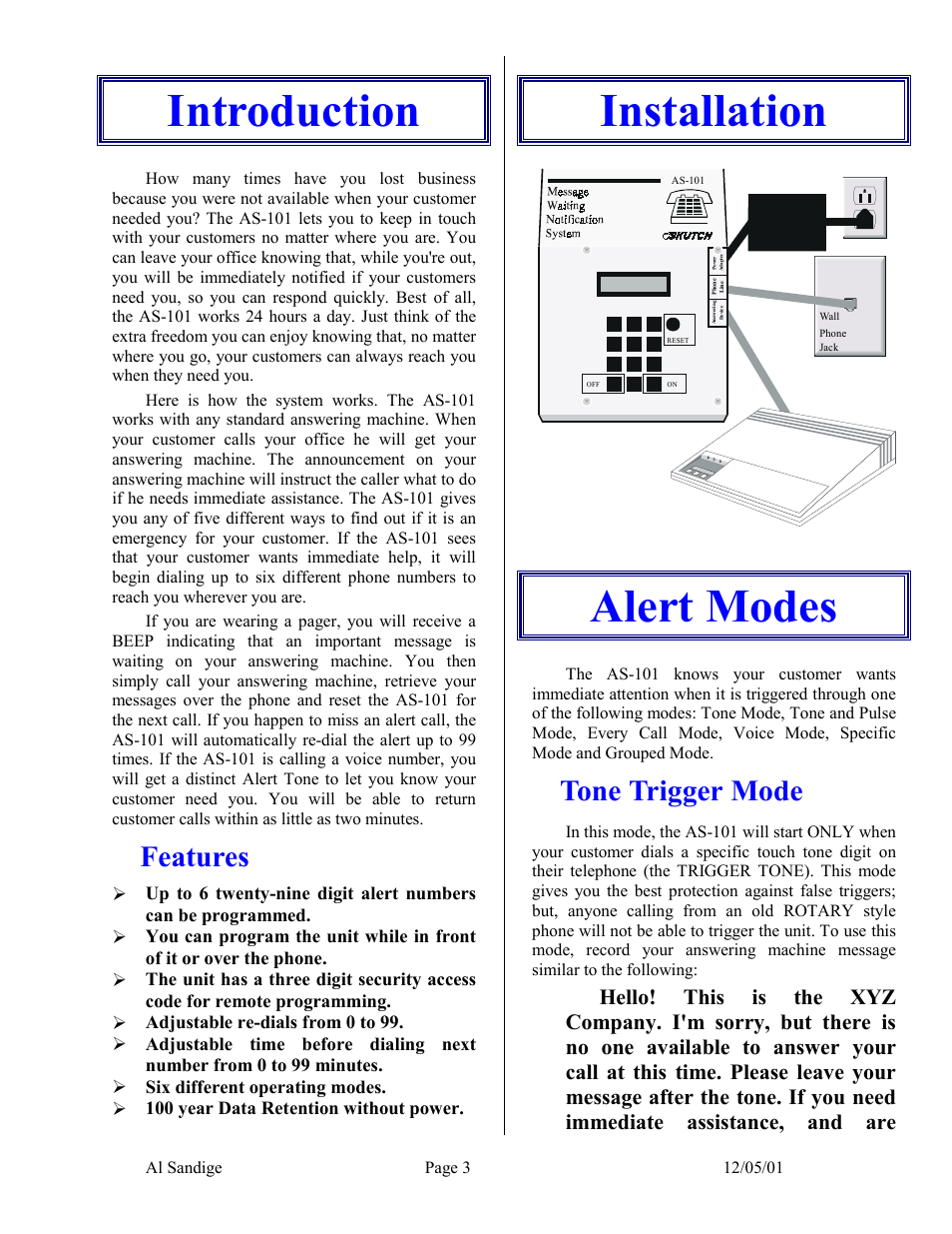 Introduction, Features, Installation | Alert modes, Tone trigger mode, Nstallation alert modes, Change trigger tone, Installation alert modes | Skutch Electronics AS-101 User Manual | Page 3 / 10
