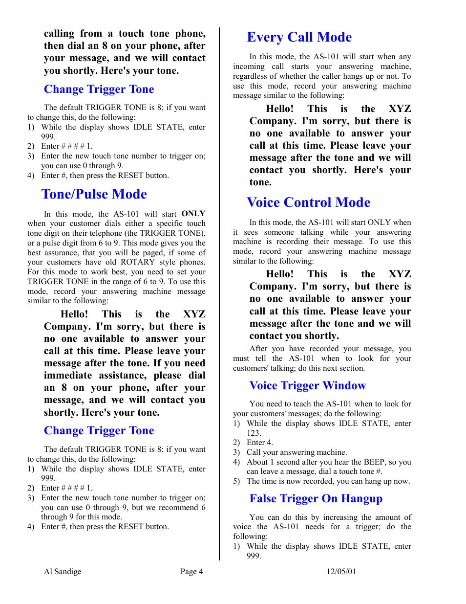 Change trigger tone, Tone/pulse mode, Every call mode | Voice control mode, Voice trigger window, False trigger on hangup, Specific mode | Skutch Electronics AS-101 User Manual | Page 4 / 10
