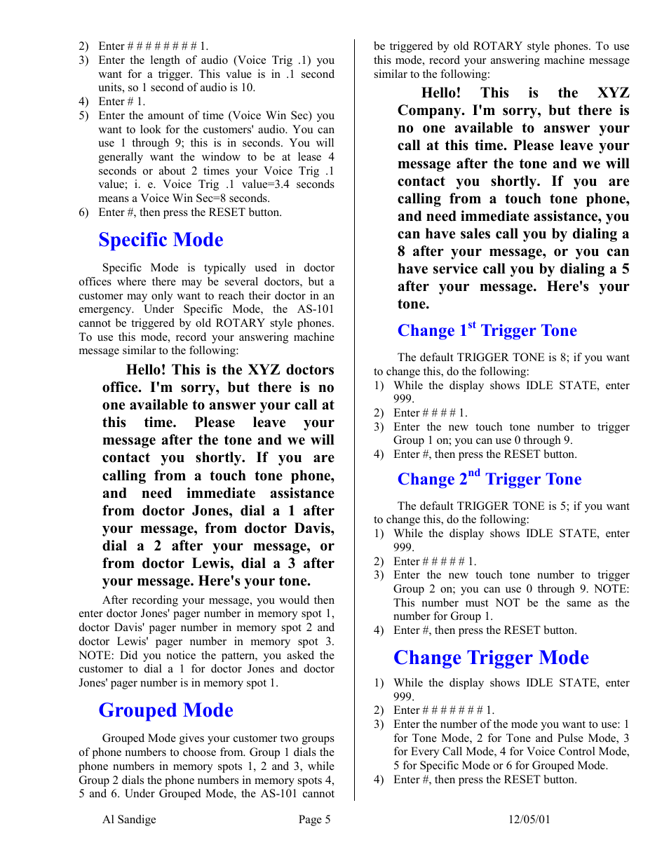 Specific mode, Grouped mode, Change 1st trigger tone | Change 2nd trigger tone, Change trigger mode, Change 1, Trigger tone, Change 2, Turning on/off | Skutch Electronics AS-101 User Manual | Page 5 / 10